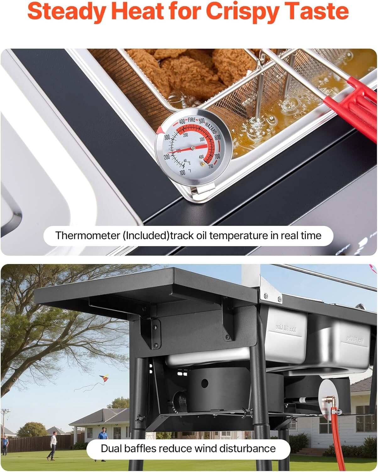 VEVOR Outdoor Propane Deep Fryer, Dual-Tank 8QTx2 Commercial Fryer, Stainless Steel Cooker with Foldable Platform, Dual Basket, and Heat Adjustment, Floor Standing Fryers for Restaurant Home Snack Bar