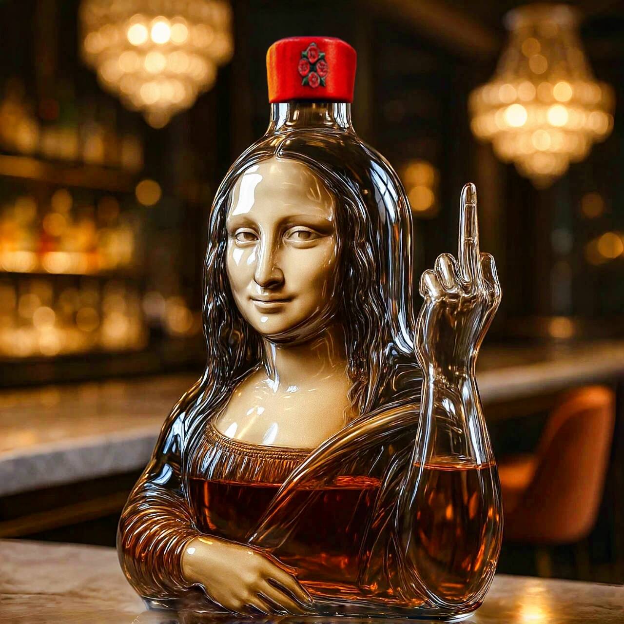 Funny middle finger Mona Lisa whiskey bottle
