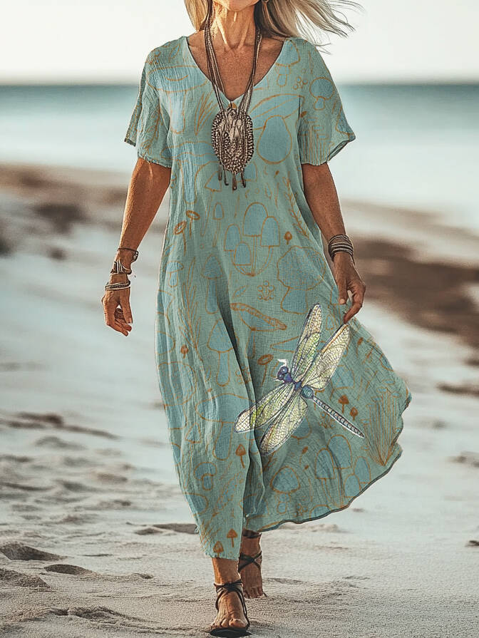 Women's Vintage Mushroom Dragonfly Print V-Neck Short Sleeve Cotton Pocket Dress