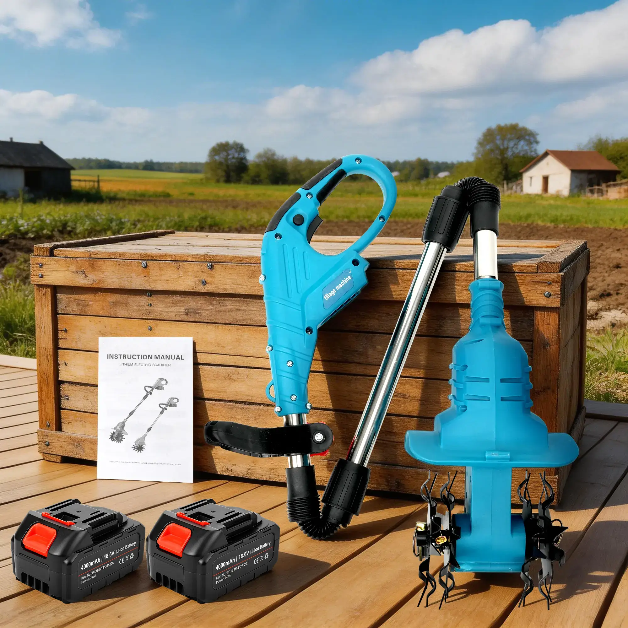18.5V Cordless Tiller Cultivator, 360RPM Electric Garden Tiller, with 2 * 4.0Ah Batteries & Charger, 9In Tilling Width and 6.6In Depth Garden Rototiller for Lawn/Gardening/Soil Cultivation Tool Handle