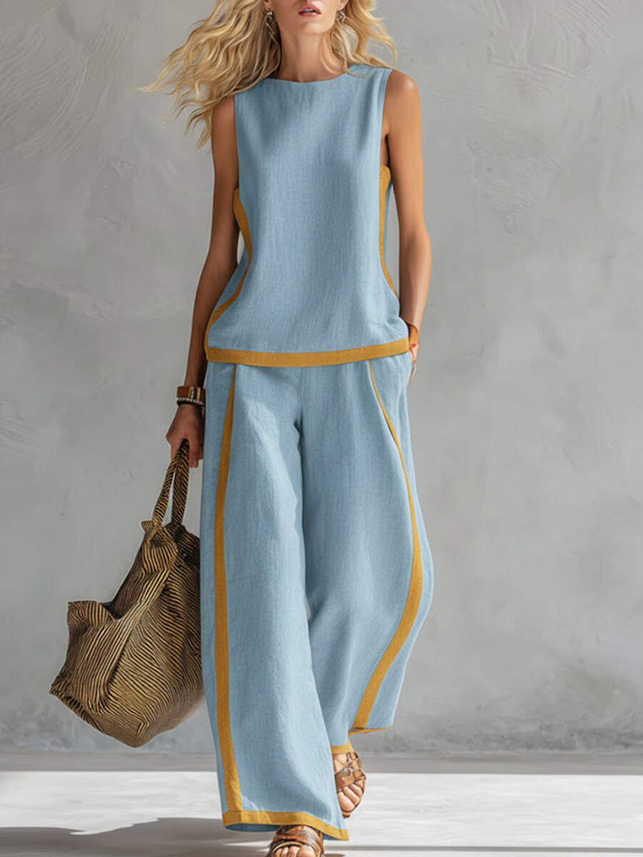 🔥Summer Arrivals🌟Women's Round Neck Sleeveless Casual Loose Top And High-waisted Loose Wide-leg Pants Cotton And Linen Set.