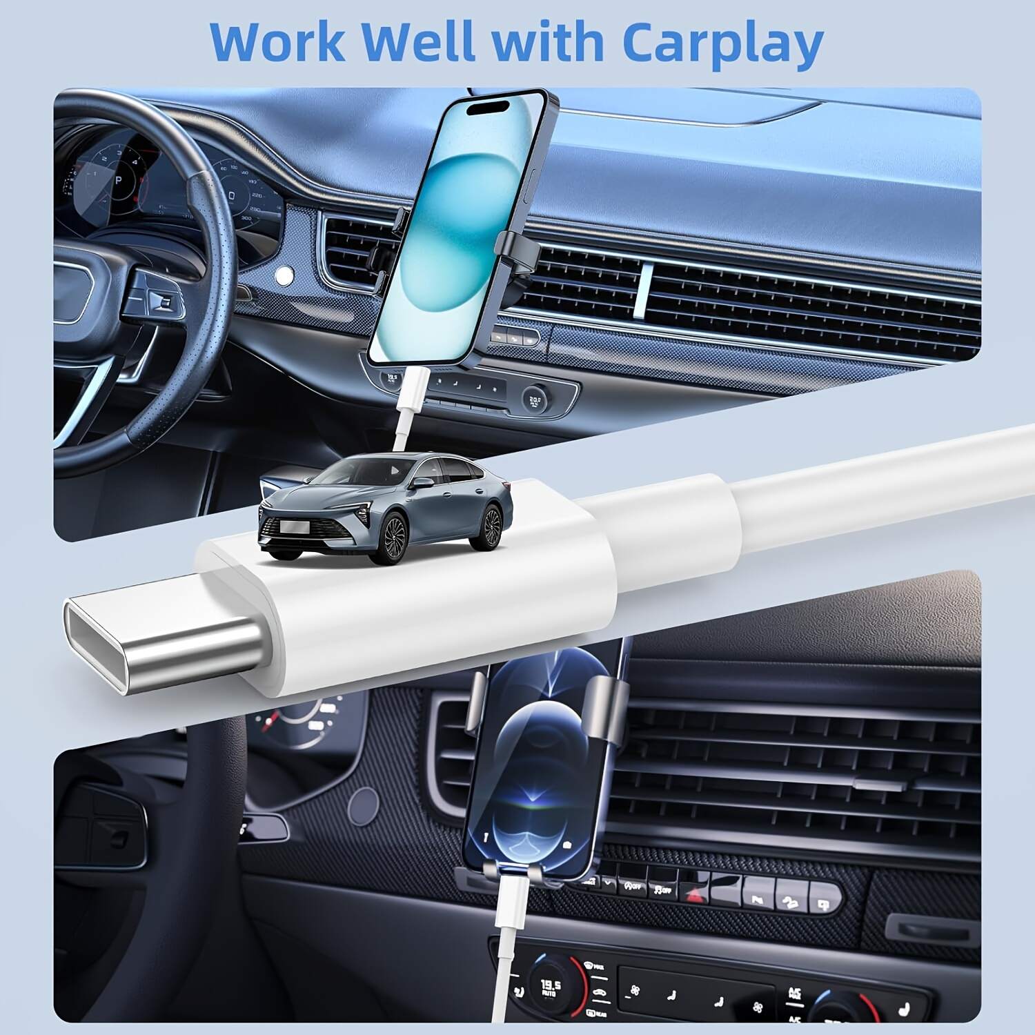 Car Charger for iPhone 16 15 Carplay Cable, 2pcs/1pc [3FT+6FT] USB A to USB C Charging Cord for iPhone 16 15/Plus/Pro Max, for iPad Pro 12.9/11, Air 6th/5th/4th Gen, Mini 6th Gen, Samsung, Google, LG and More