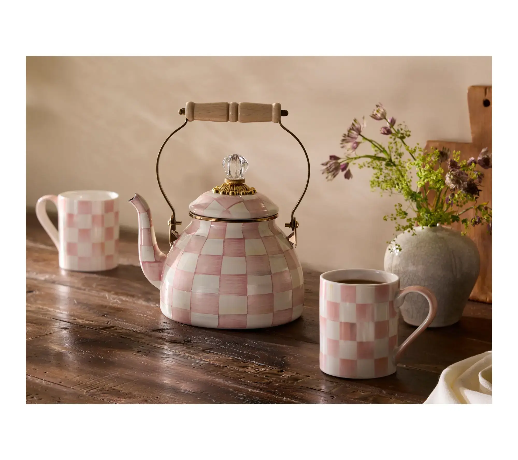 2Qt Enamel Tea Kettle and Set of 2 Mugs