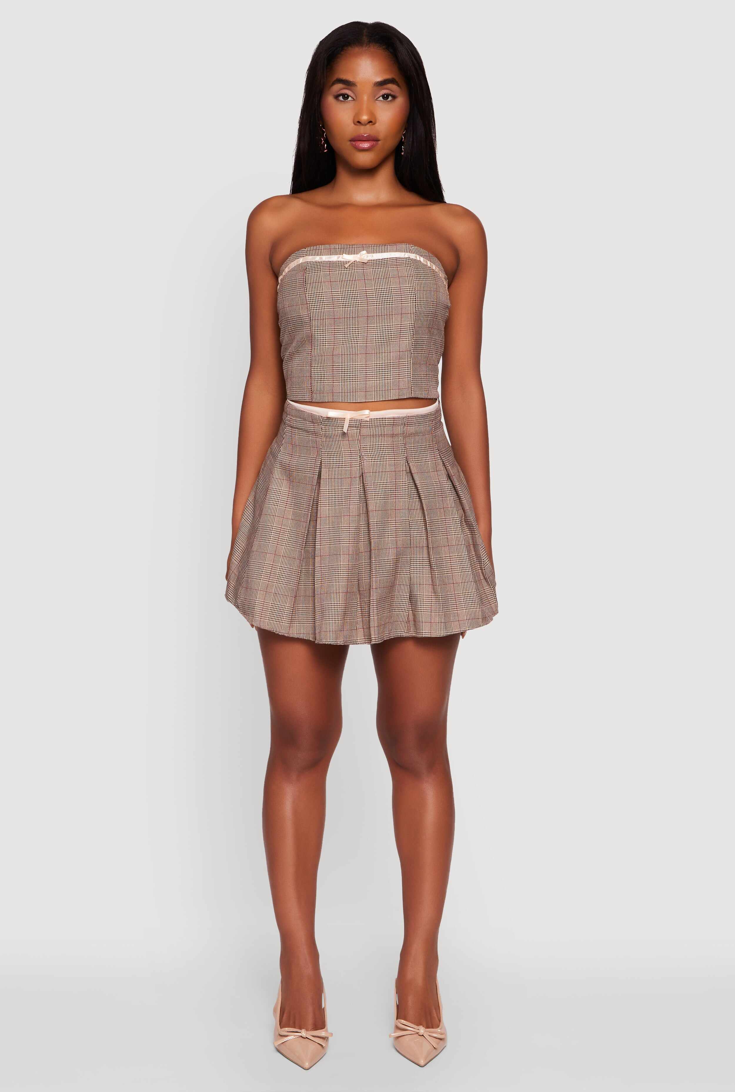 Plaid Tube Top with Bow Contrast Trim