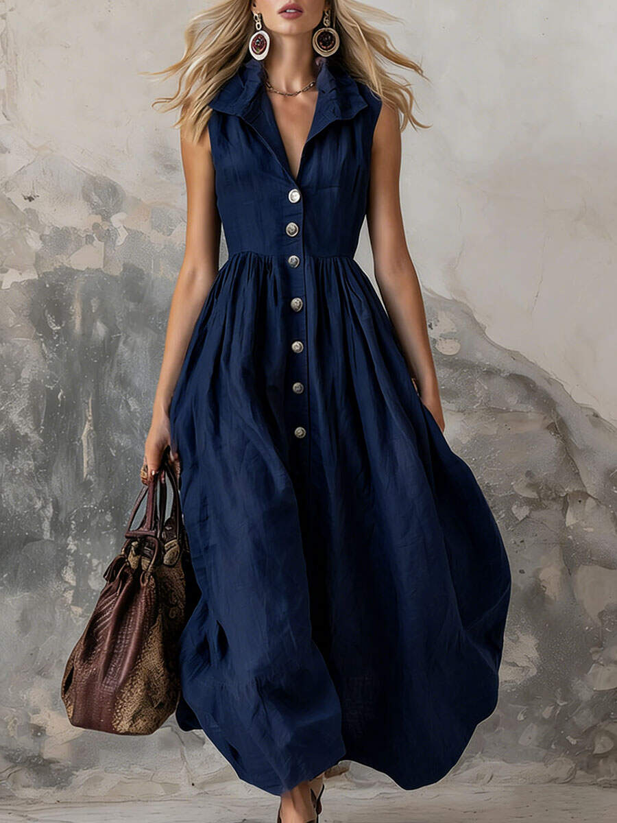 🔥Summer Arrivals🌟Women's Solid Color Lapel Sleeveless Casual Loose Cotton Dress