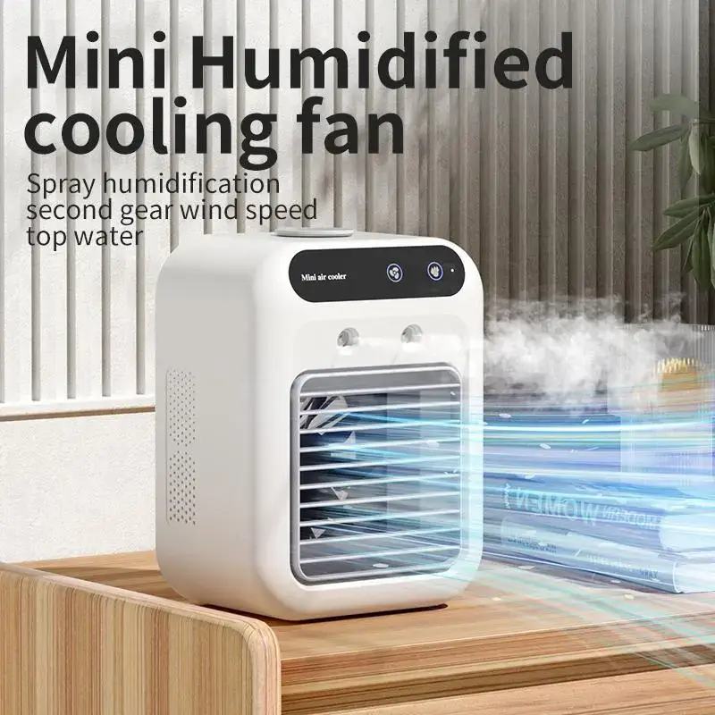 Portable Air Cooler Fan 3 in 1 Rechargeable Fan with 2 Mist Speeds and Powerful Wind, Mini Multifunctional Cooling Fan for Bedroom, Office, Camping