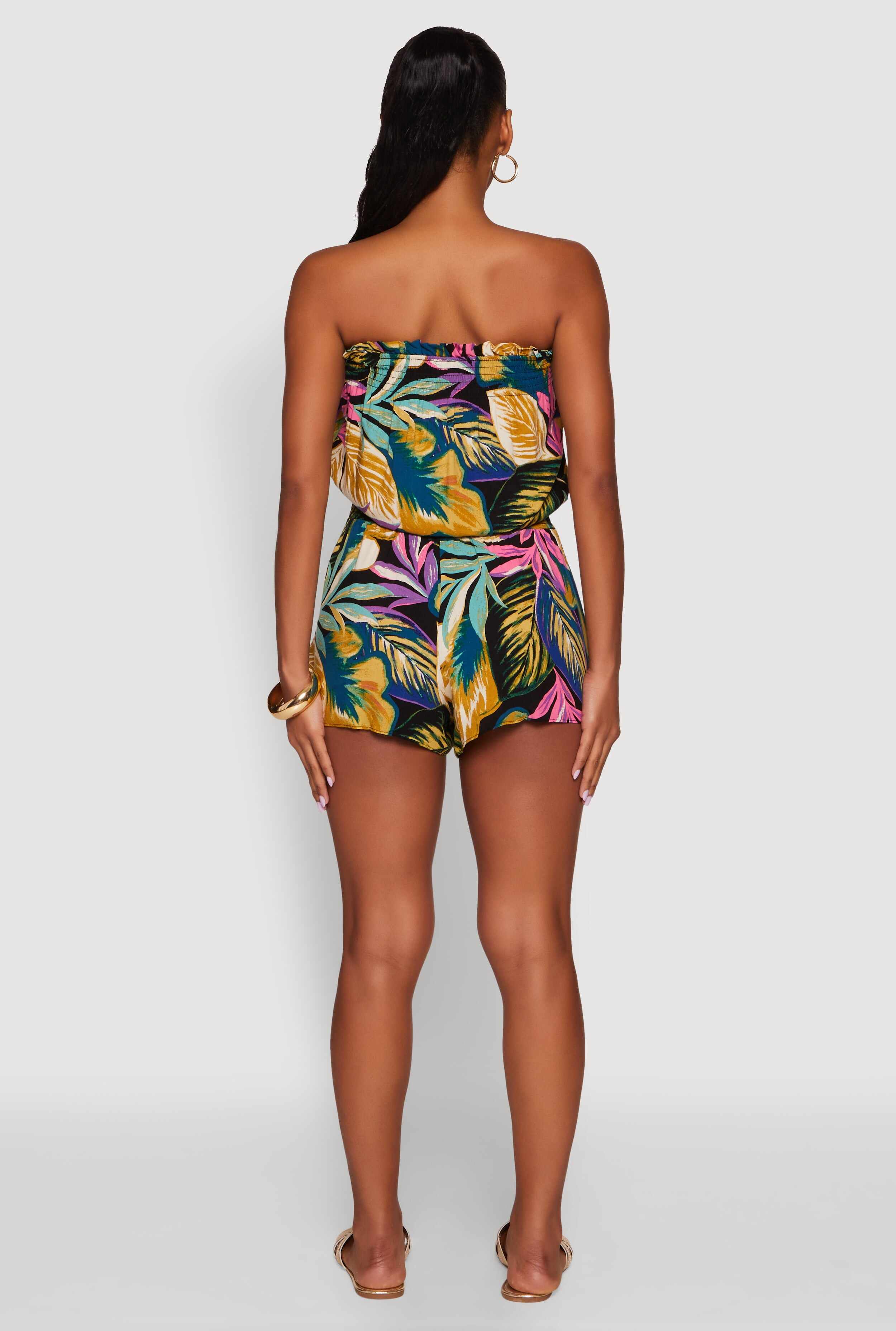 Tropical Leaf Print Ruffle Tube Romper