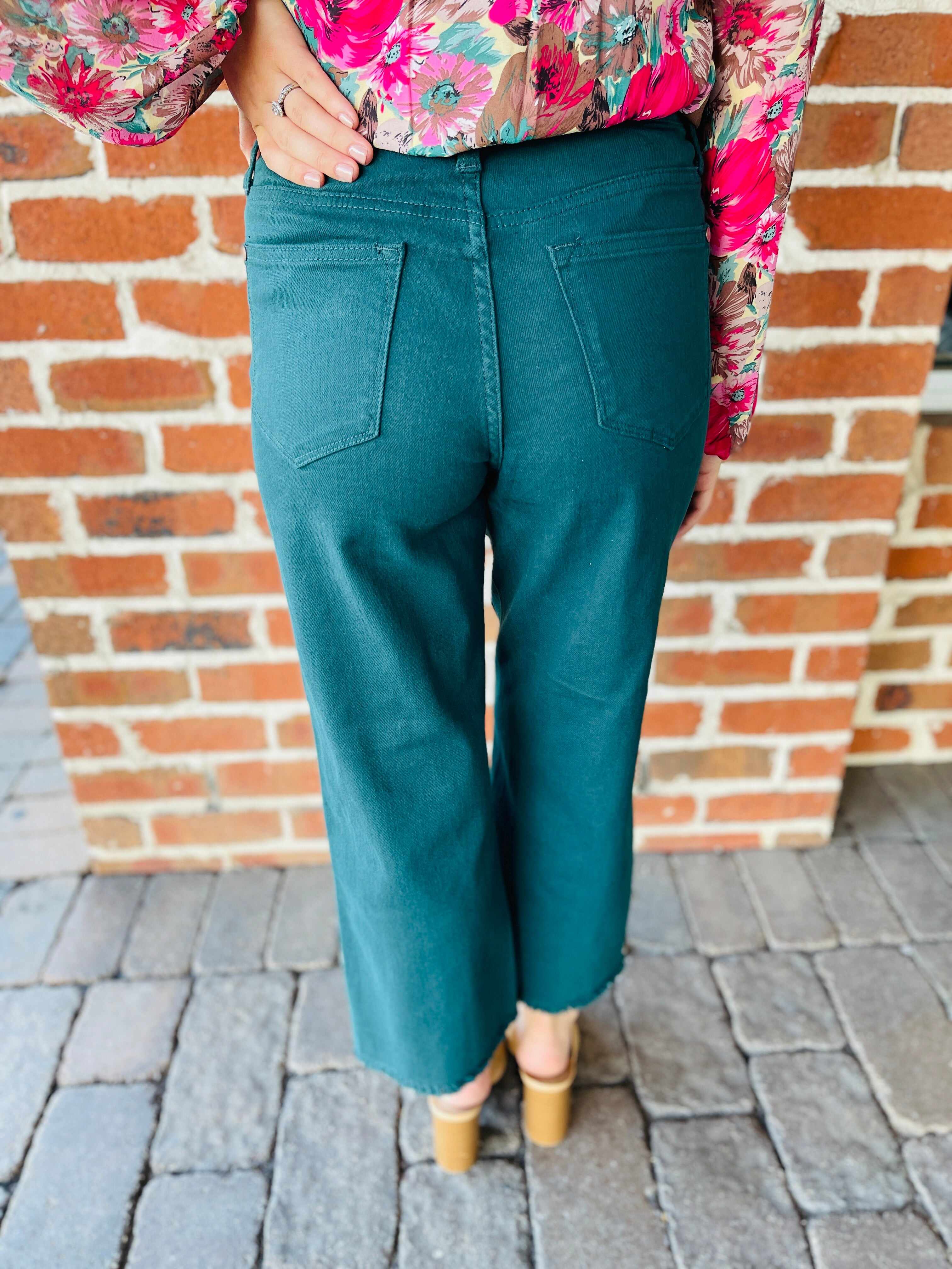 Plus/Reg Bright As A Button Fly Wide Leg Teal Jeans