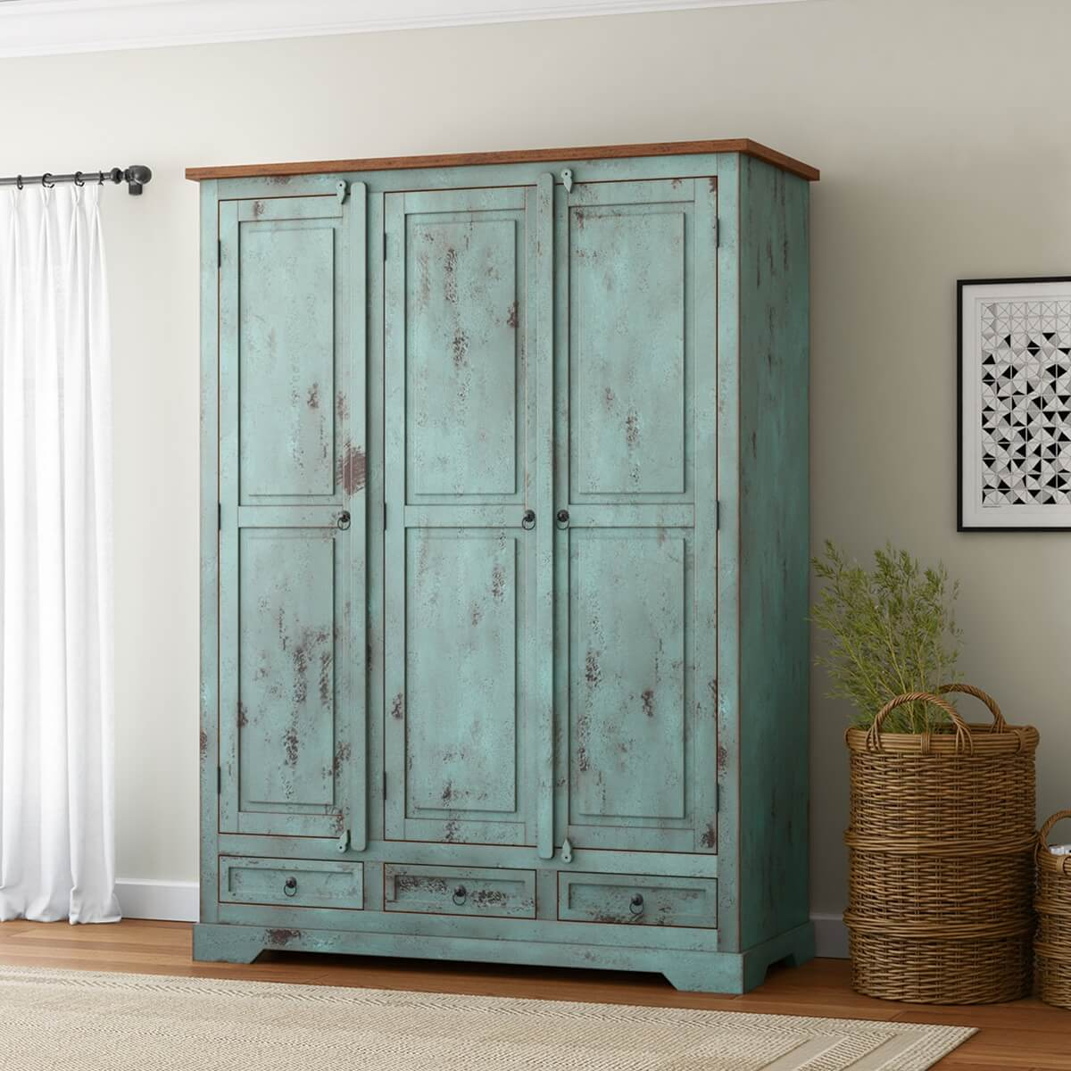 Scranton Two Tone Solid Wood Armoire Wardrobe with Hanging Rod & Shelves