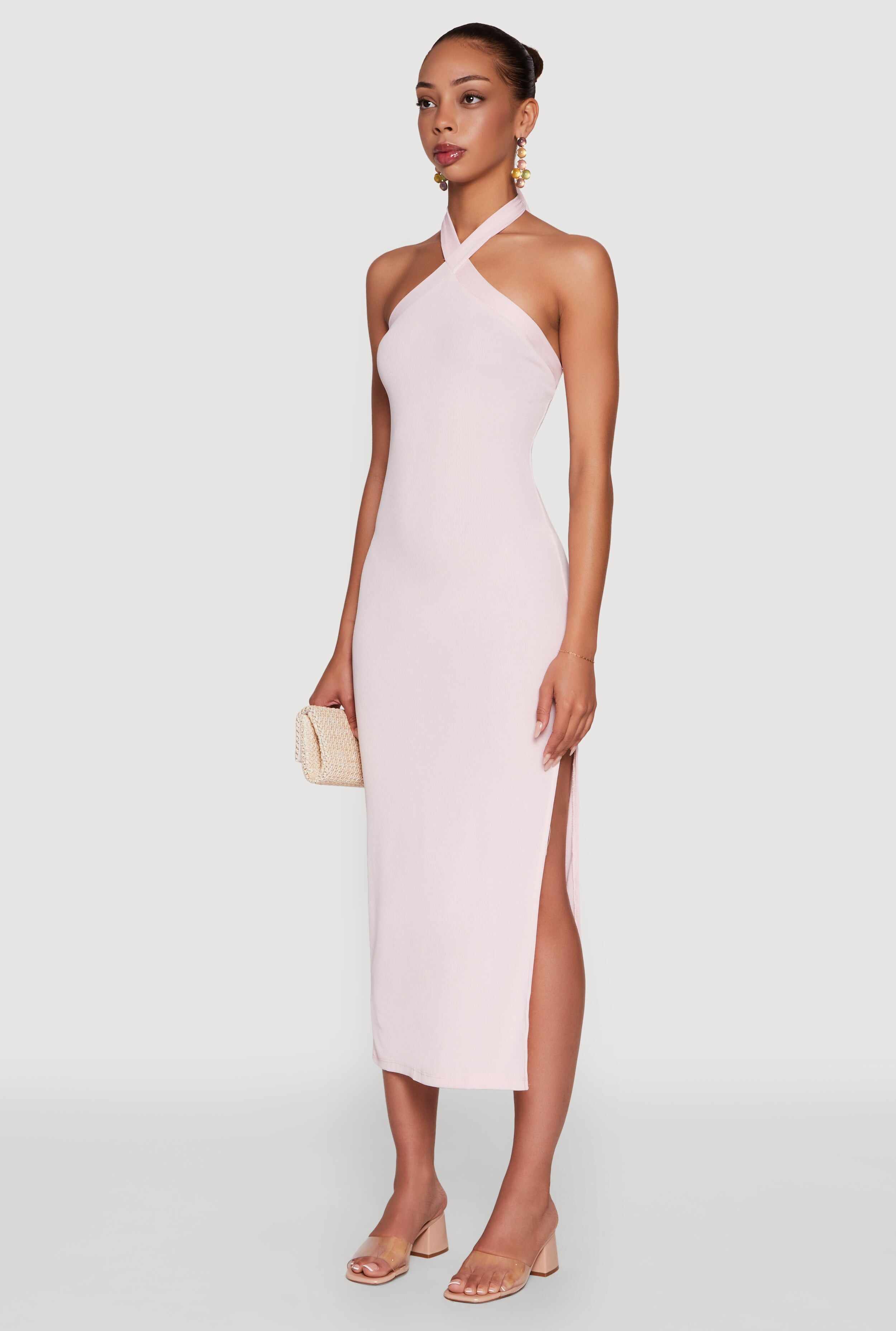 Ribbed Knit Bodycon Halter Dress with Side Slit