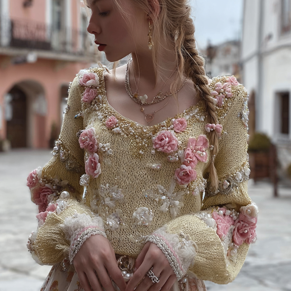 Bohemian Style Floral Embroidery Women's Round Neck Long Sleeve Knitted Sweater