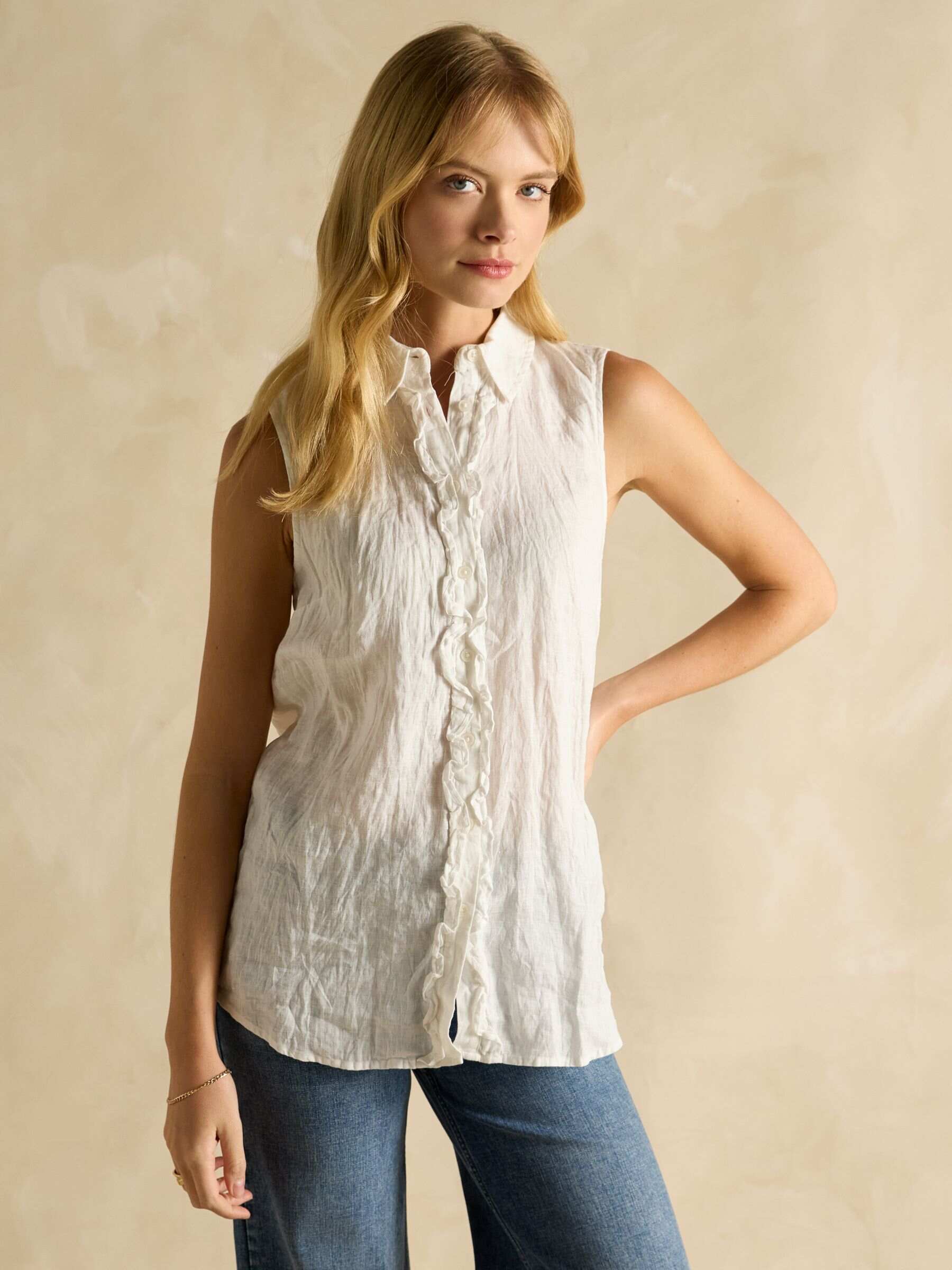 Selene Blue 100% Linen Sleeveless Shirt