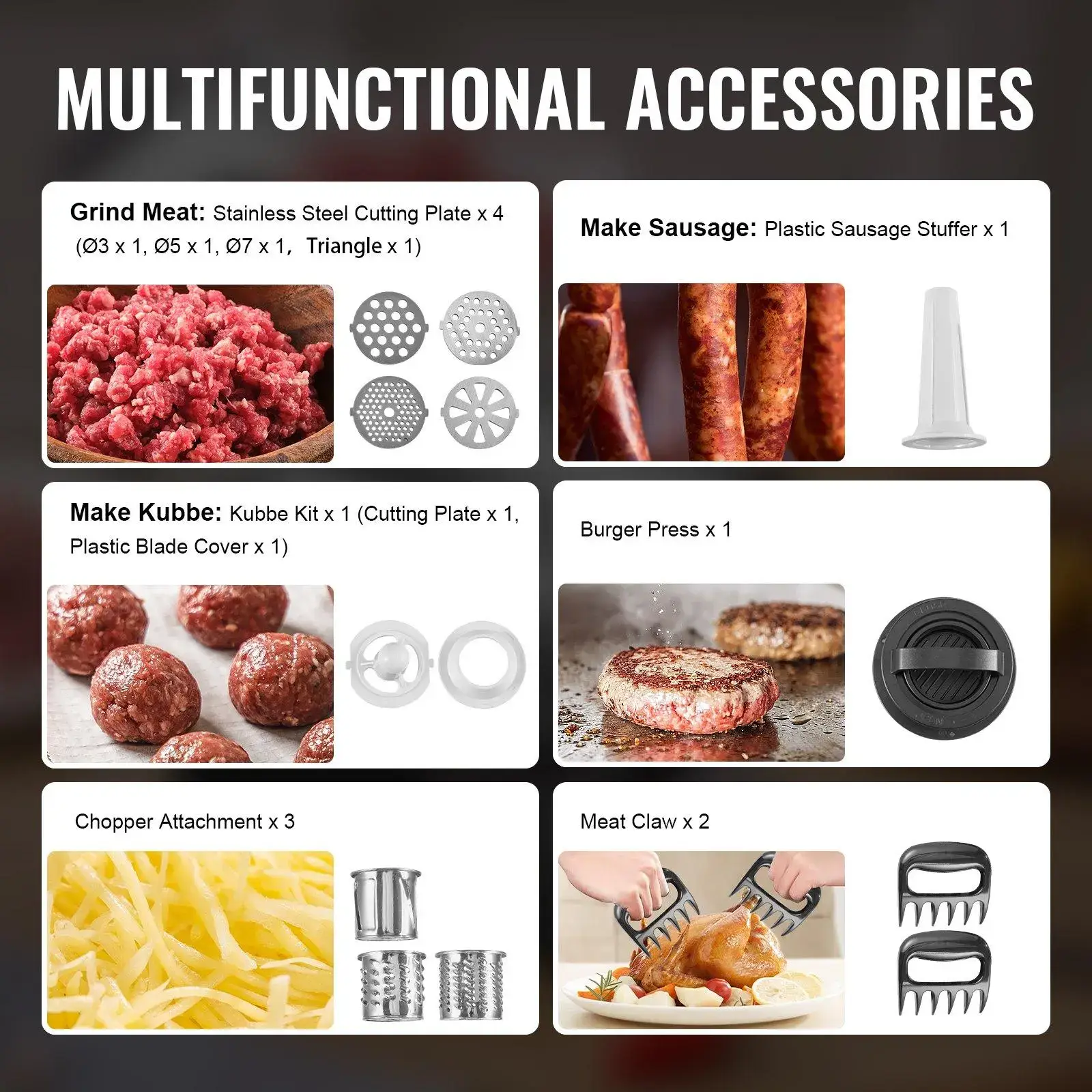 Meat Grinder, 3 Lbs/Min Capacity Electric Meat Grinders with Blade, Grinding Plate, Sausage Maker, Kubbe Kit, Burger Press, Chopper Attachment, Stainless Steel Meat Mincer for Home Kitchen