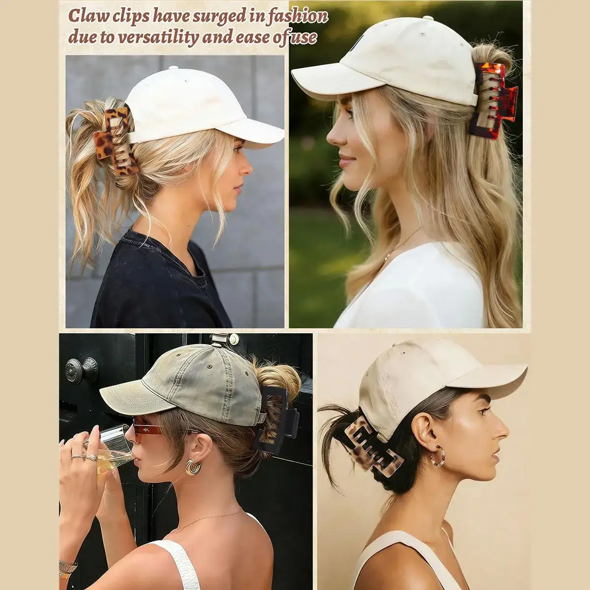 4Pack Hat-Friendly Claw Clips for Baseball Caps Trucker Hat Hair Clips for Women Hair Claws Clips for Thick Hair Hat Hairstyles Gifts Hair Accessories