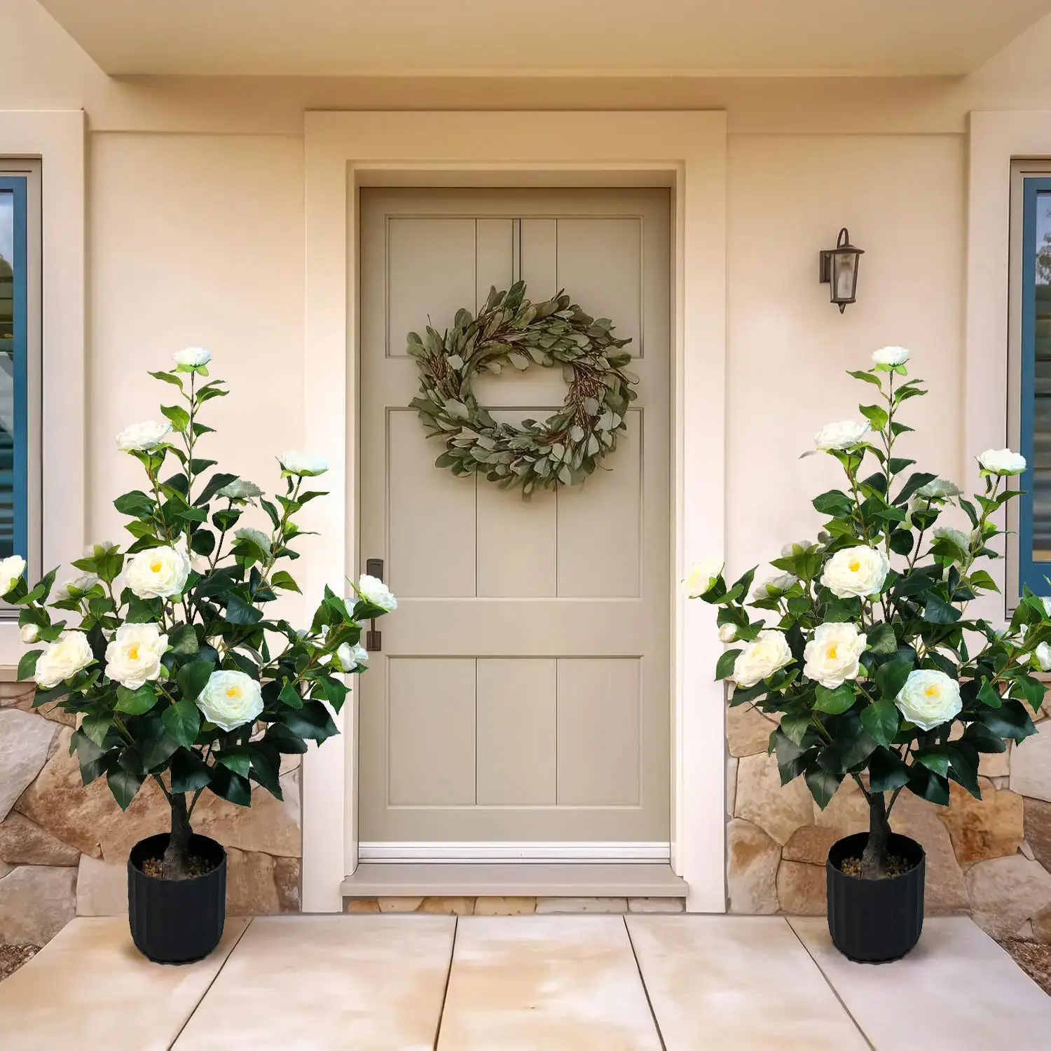 2 Pcs 3-foot Camellia Tree with Decorative Pebbles, Flower Pot, 24 Realistic Flowers, 188 Leaves for Indoor, outdoor courtyard Home Decor