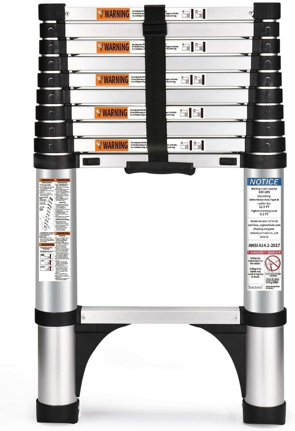 Telescoping Ladder, 12.5 FT Aluminum Lightweight Extension Ladder with 2 Triangle Stabilizers, Heavy Duty 330lbs Max Capacity, Collapsible Ladder with Hooks for RV or Outdoor Work
