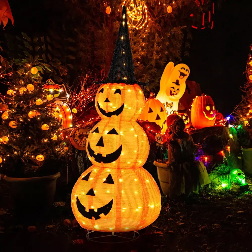 Tangkula Halloween Light Up Pumpkin Decoration Stacked Pumpkins with Witch Hat Build-in LED Lights Pop Up Jack-o-Lantern