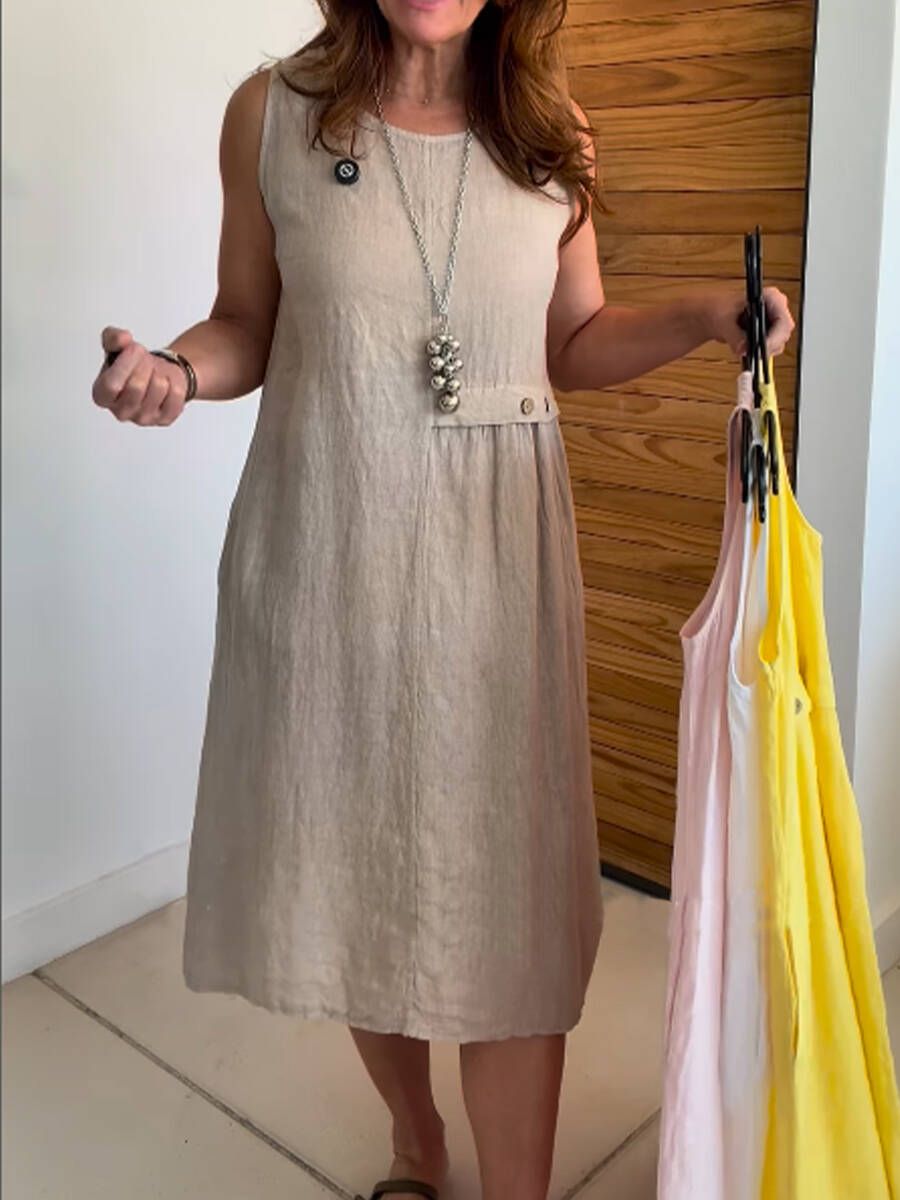 🔥Summer Arrivals🌟Women's Round Neck Pocket Cotton and Linen Dress