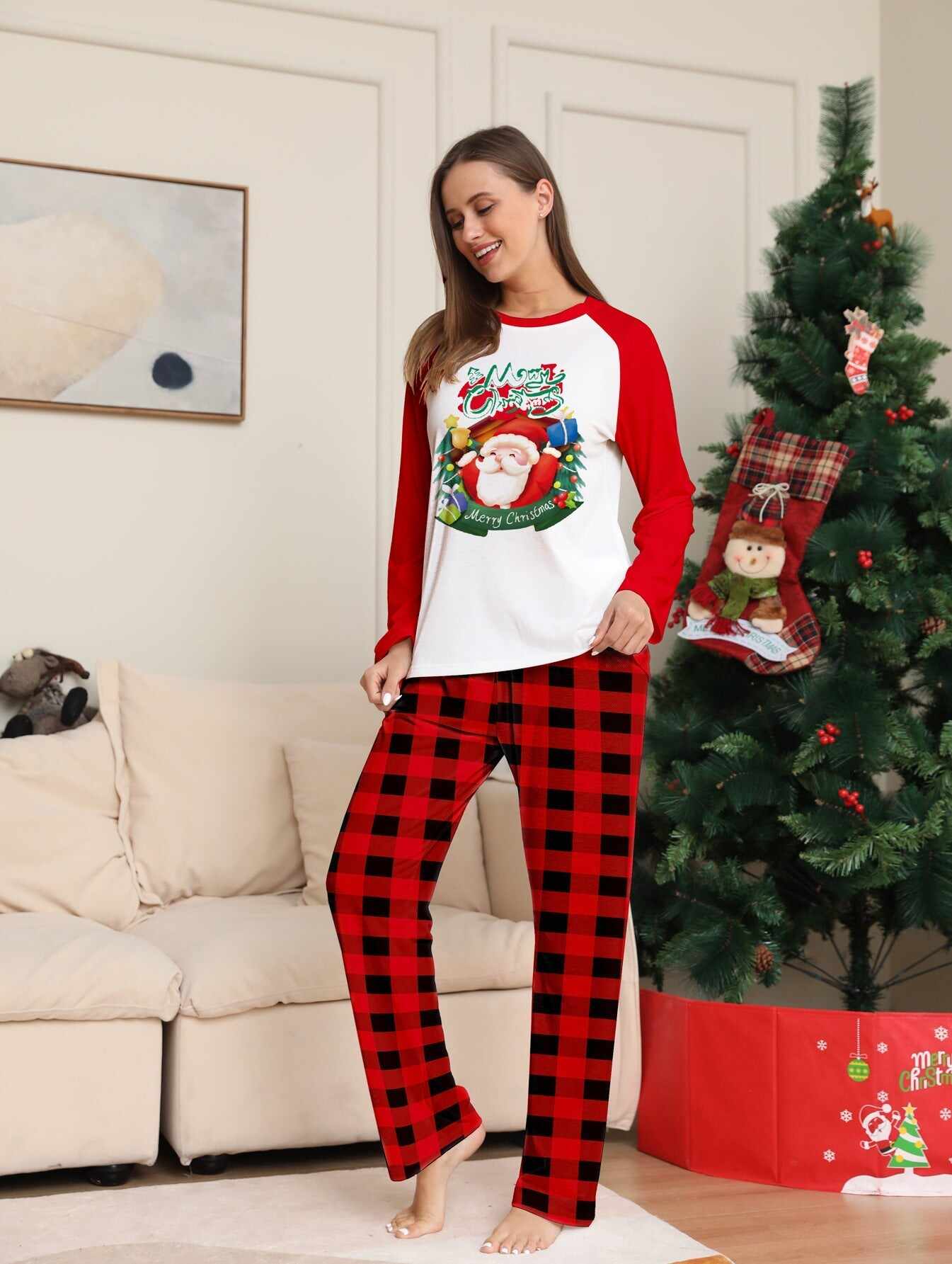 Santa Red Plaid Print Family Holiday Pajama Set