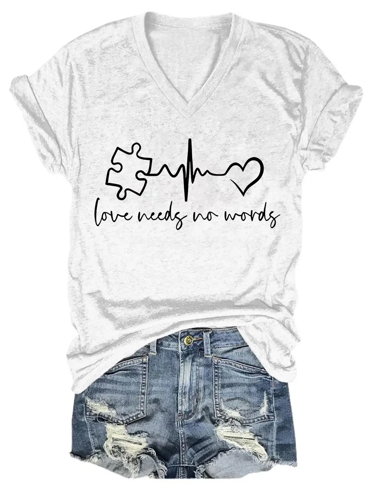 Autism Awareness Love Needs No Word Casual Print T-shirt