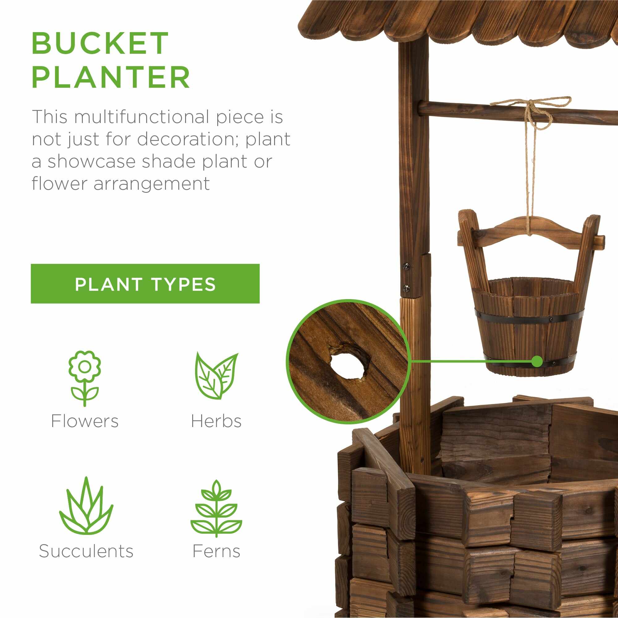 Rustic Wooden Wishing Well Planter Yard Decoration w/ Hanging Bucket