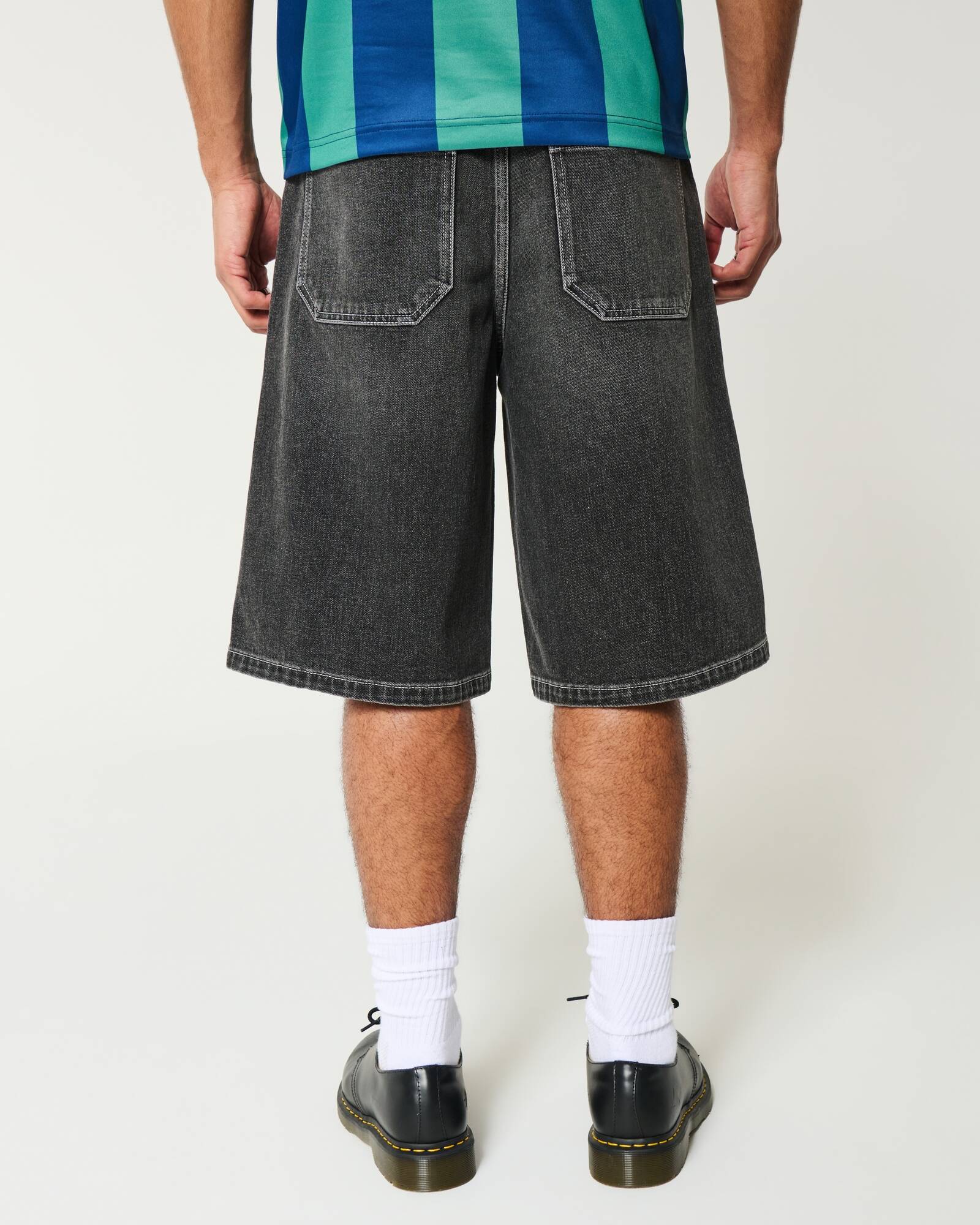 Washed Black Cat Graphic Super Baggy Denim Shorts