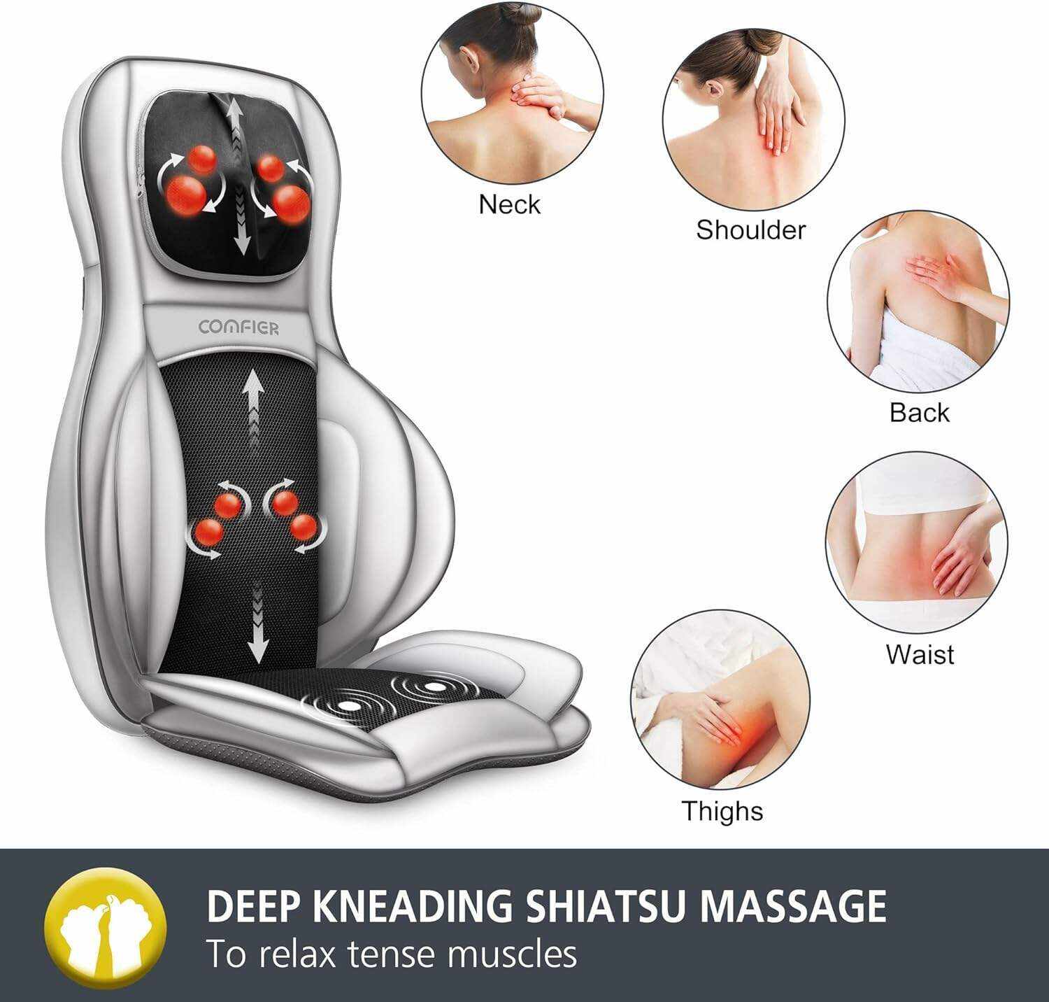 COMFIER Shiatsu Neck Back Massager with Heat and Compression, App Control 2D or 3D Deep Tissue Kneading Massage Chair Pad, Chair Massager for Full Body Pain Relief, Ideal Gifts,Grey