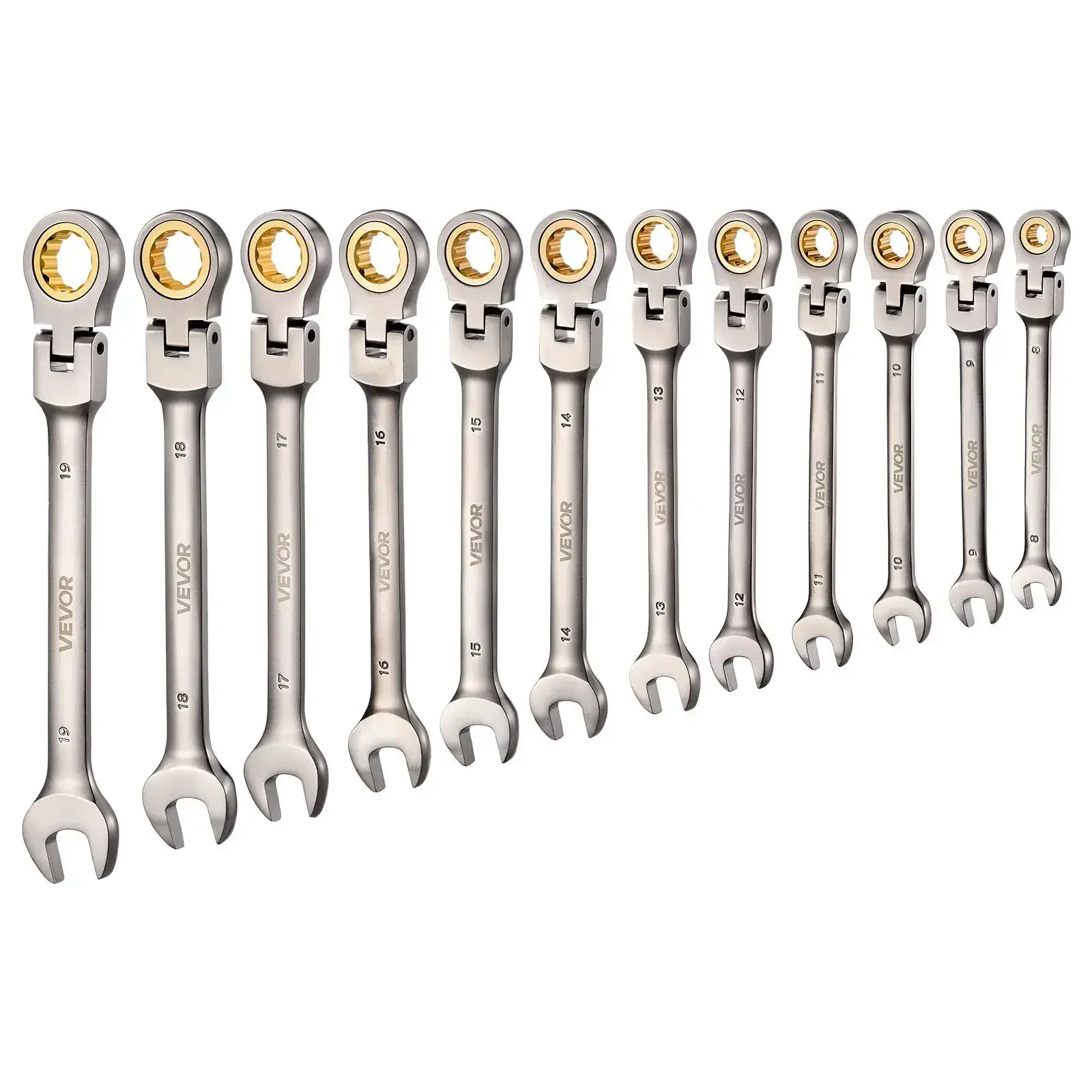 12-Piece Multifunctional Flex-Head Ratcheting Wrench Set, Metric 8 mm-19 mm, 72 Teeth Cr-V Steel Flexible Combination Wrench Set, Car & Automotive Tools with Roll Up Pouch, for Household & Automotive Repairs, Multifunctional Wrench Set