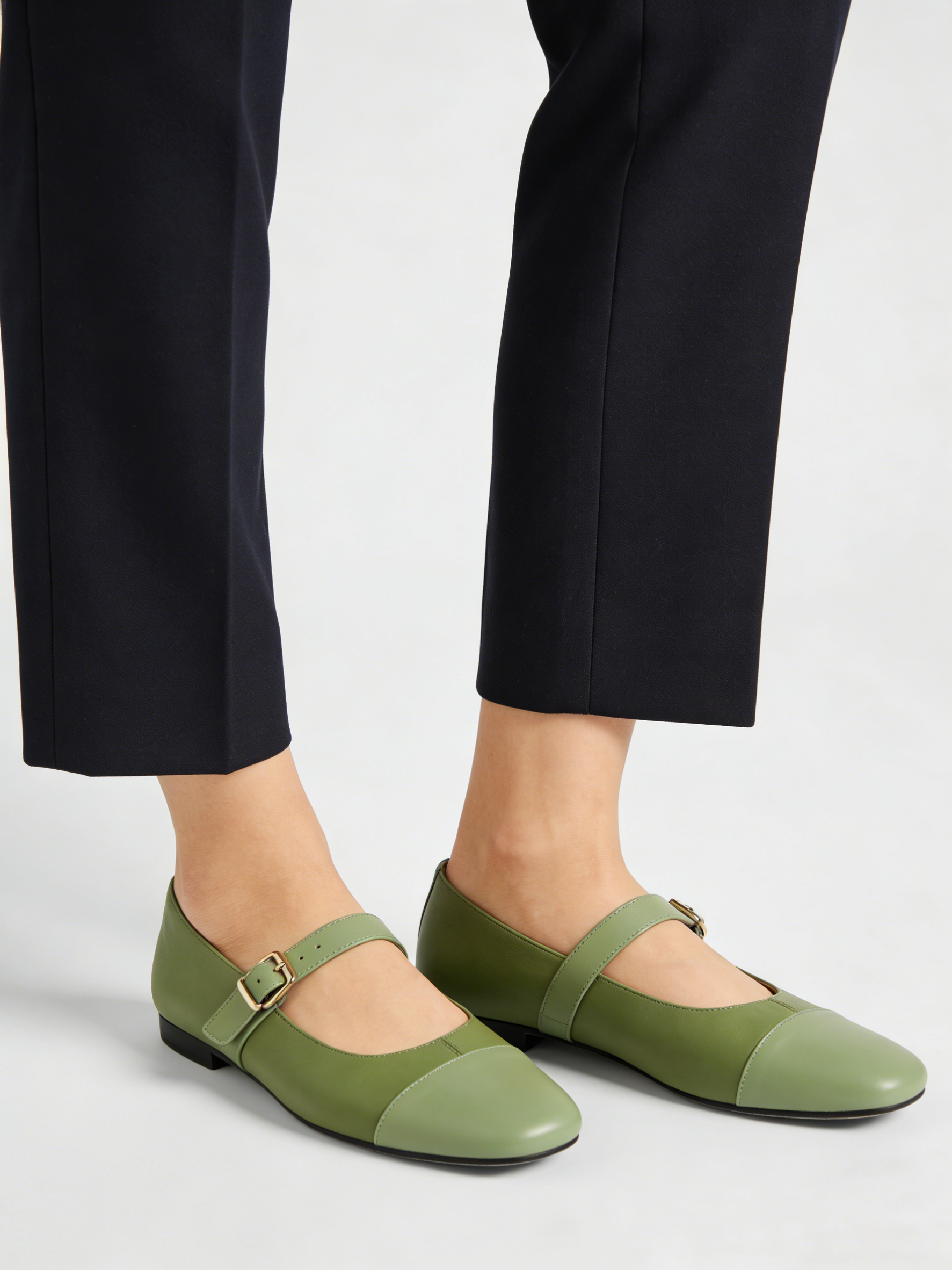 Soft Green Cowhide Leather Splicing Buckle Strap Flats Shoes