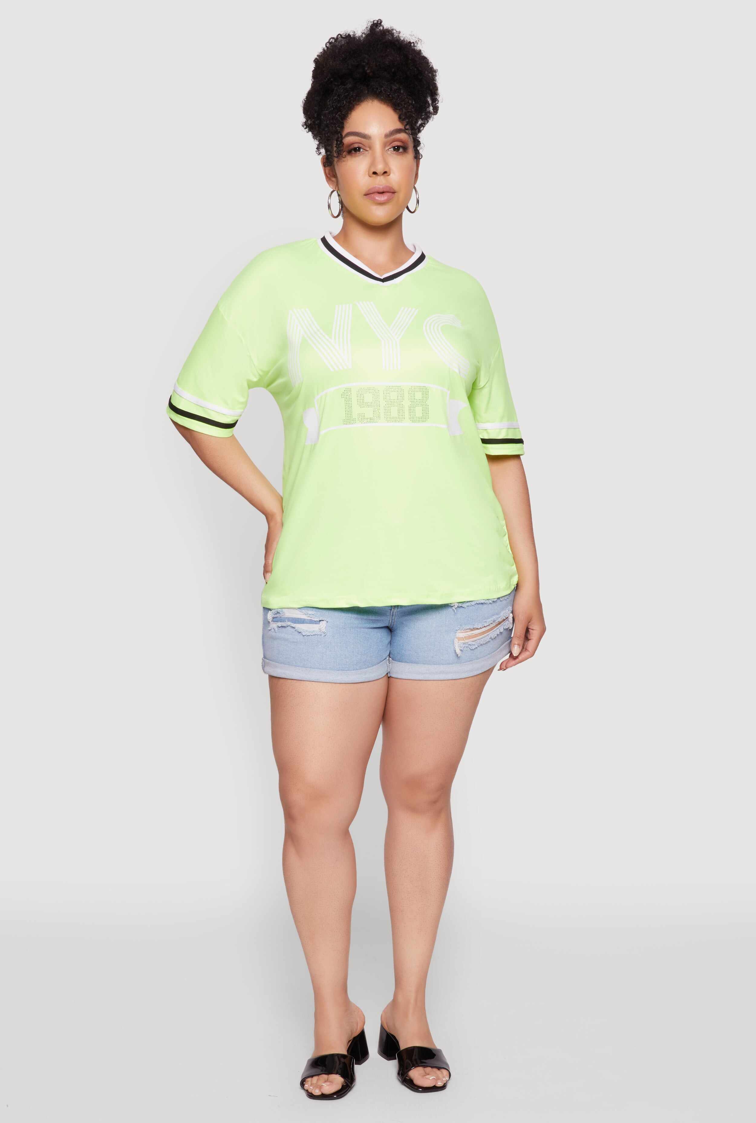 Plus Size NYC 1988 Rhinestone Varsity Stripe V Neck T Shirt