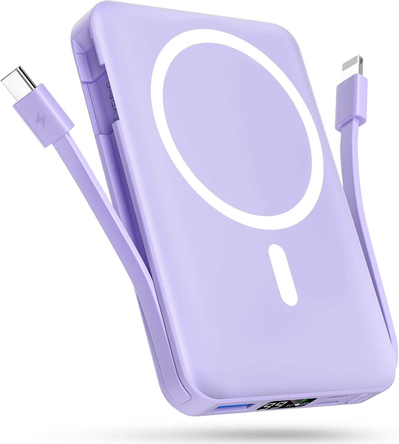 podoru Wireless Portable Charger, 10000mAh Magnetic Power Bank Built-in USB-C Lighting Cables 22.5W PD Fast Charging LED Display Mag-Safe Battery Pack for iPhone 15/14/13/12/Mini/Pro/Pro Max - White