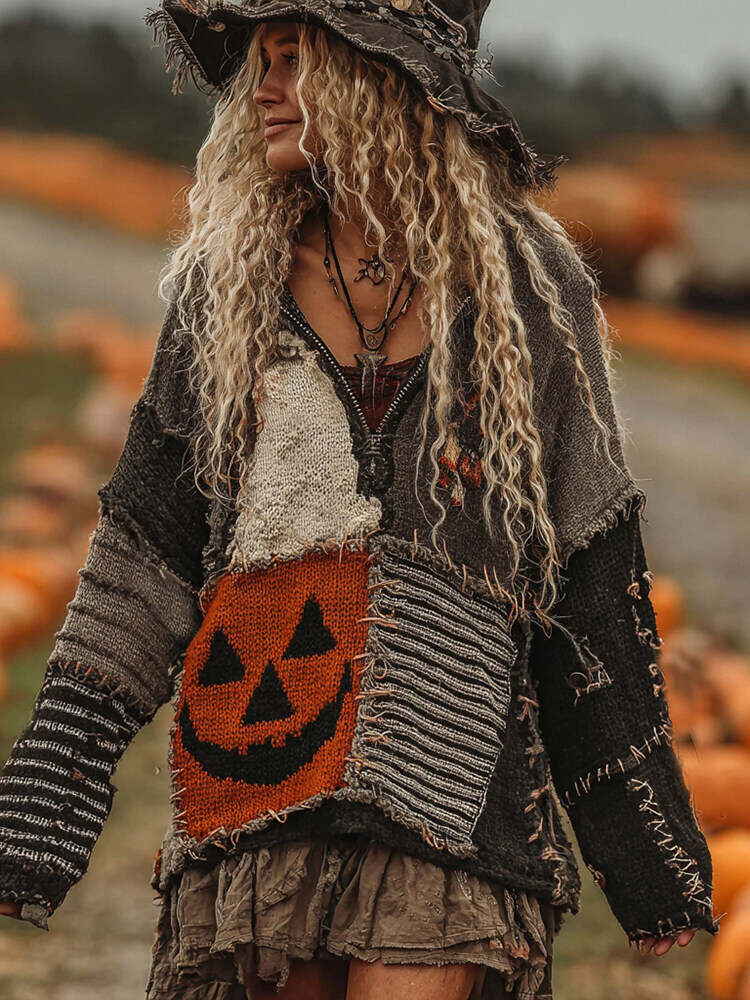 Halloween Face With Striped Art Cozy Knit Zipped Sweater