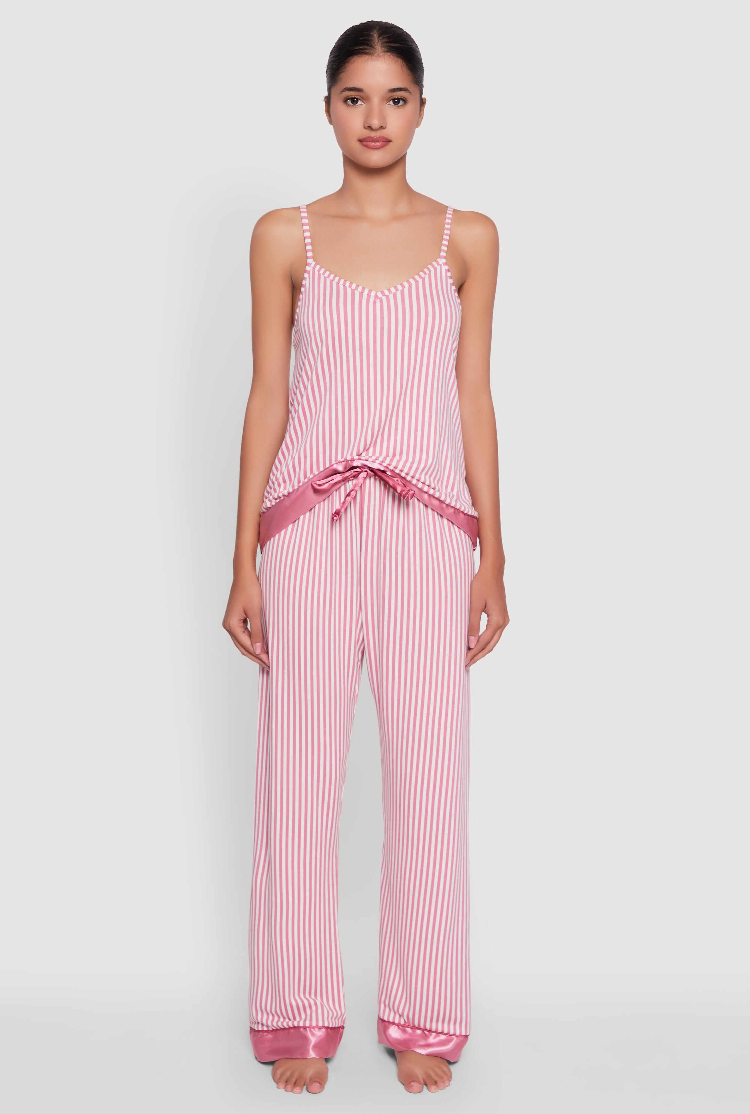 Striped Satin Trim Pajama Cami and Pants