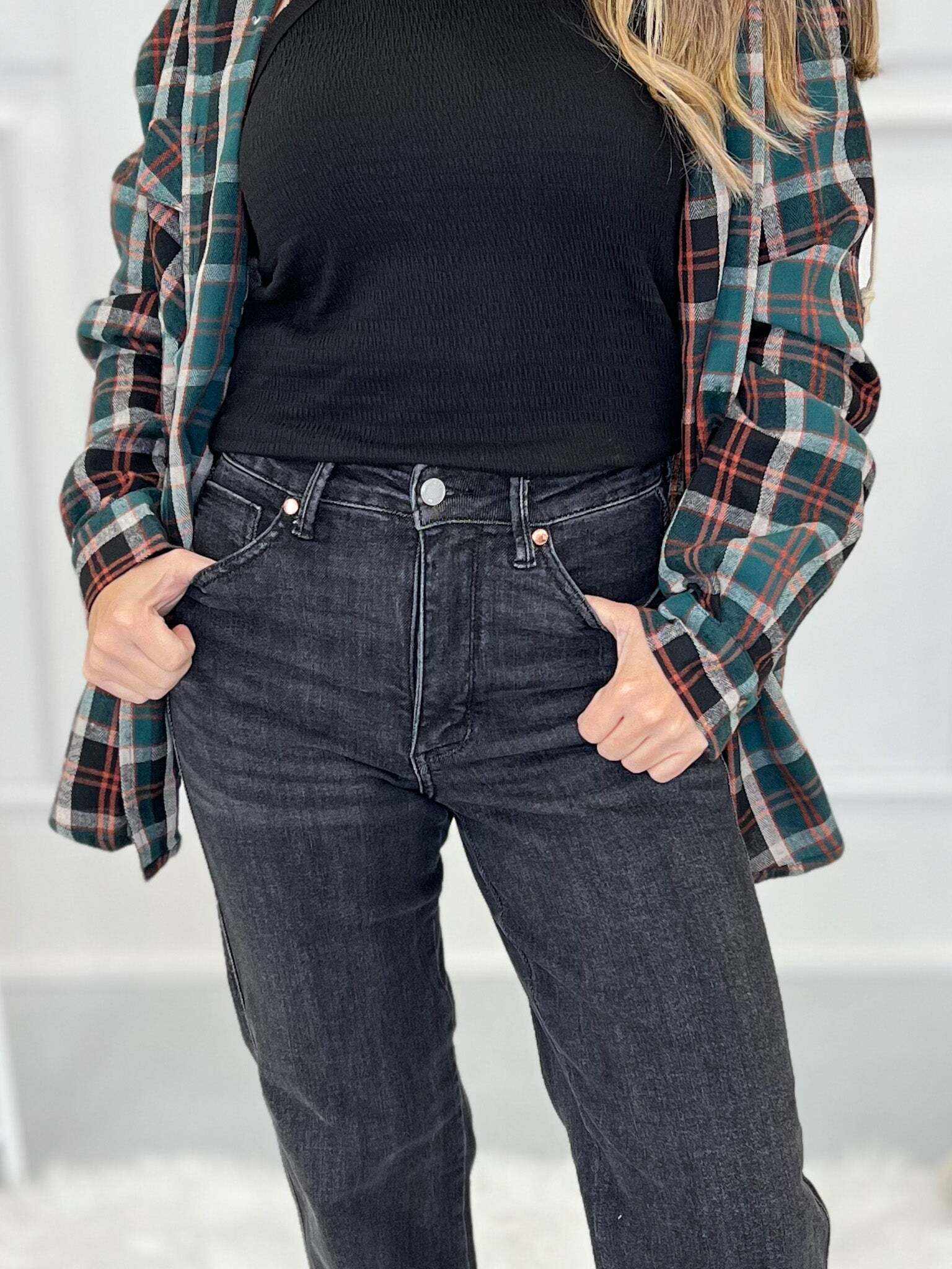 Christmas Tummy Control Washed Black Straight Jeans - Final Sale