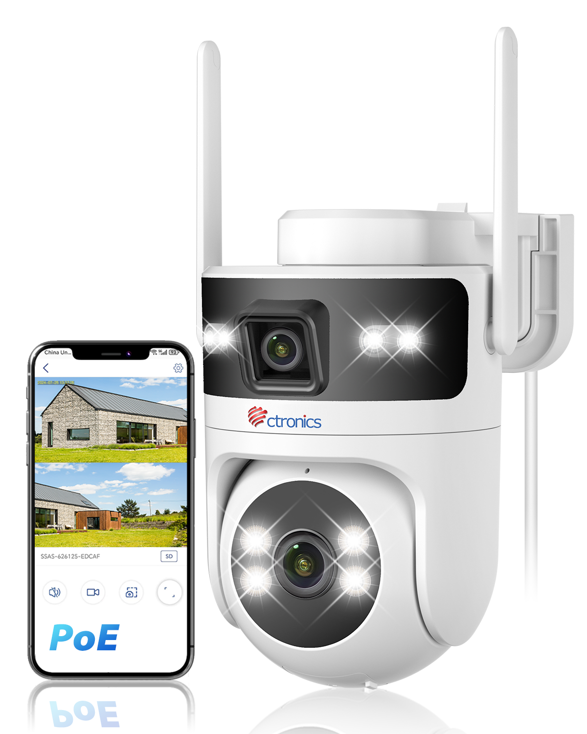 Ctronics Outdoor PoE WiFi Surveillance Camera, Dual-Lens, Dual-Band 5GHz/2.4GHz Wireless IP PTZ Camera with Human Detection