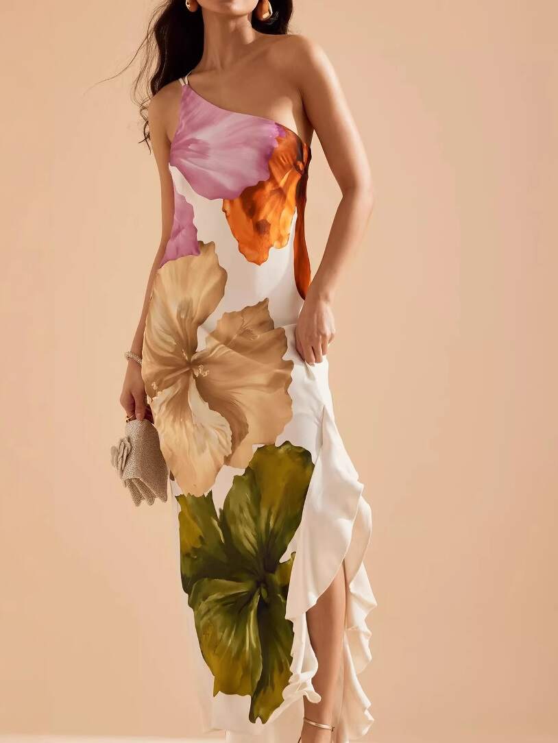 Love Filled Floral Print One Shoulder Side Ruffles Maxi Slip Dress