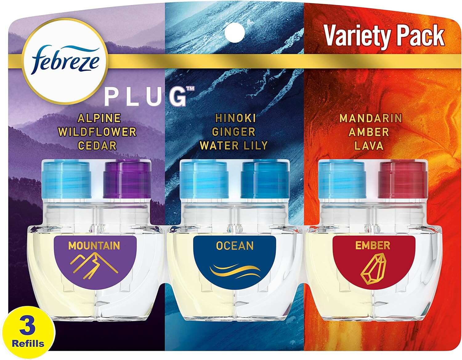 Febreze Odor-Fighting Fade Defy PLUG Air Freshener, Mountain, Ocean, Amber, (3) .87 fl. oz. Oil Refills