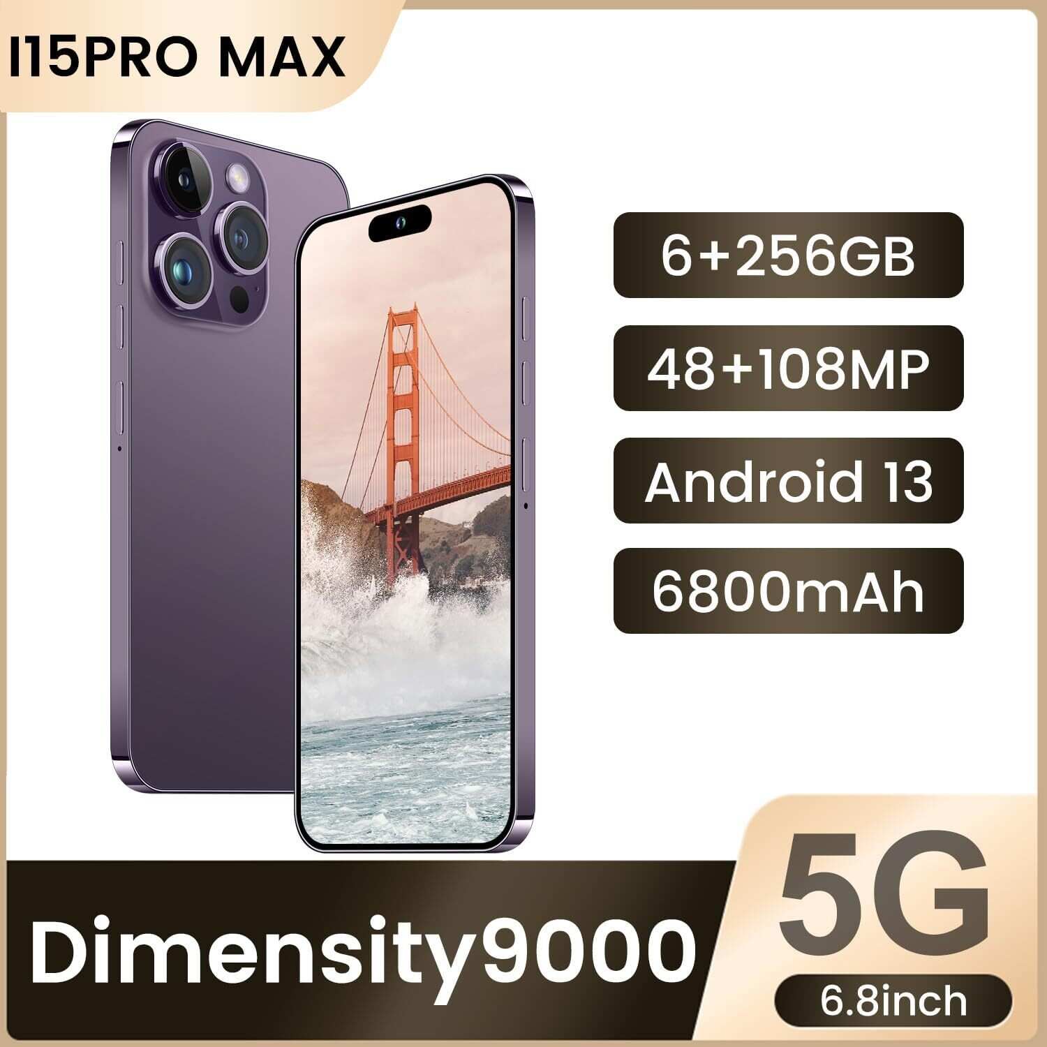 I15 Pro MAX Smartphone Unlocked Cell Phone,Battery 6800mAh 6.8 HD Screen Unlocked Phone,6+256GB Android 13 with 128GB Memory Card,Dual SIM/5G/Fingerprint Lock/Face ID (Blue Titanium, 6+256)