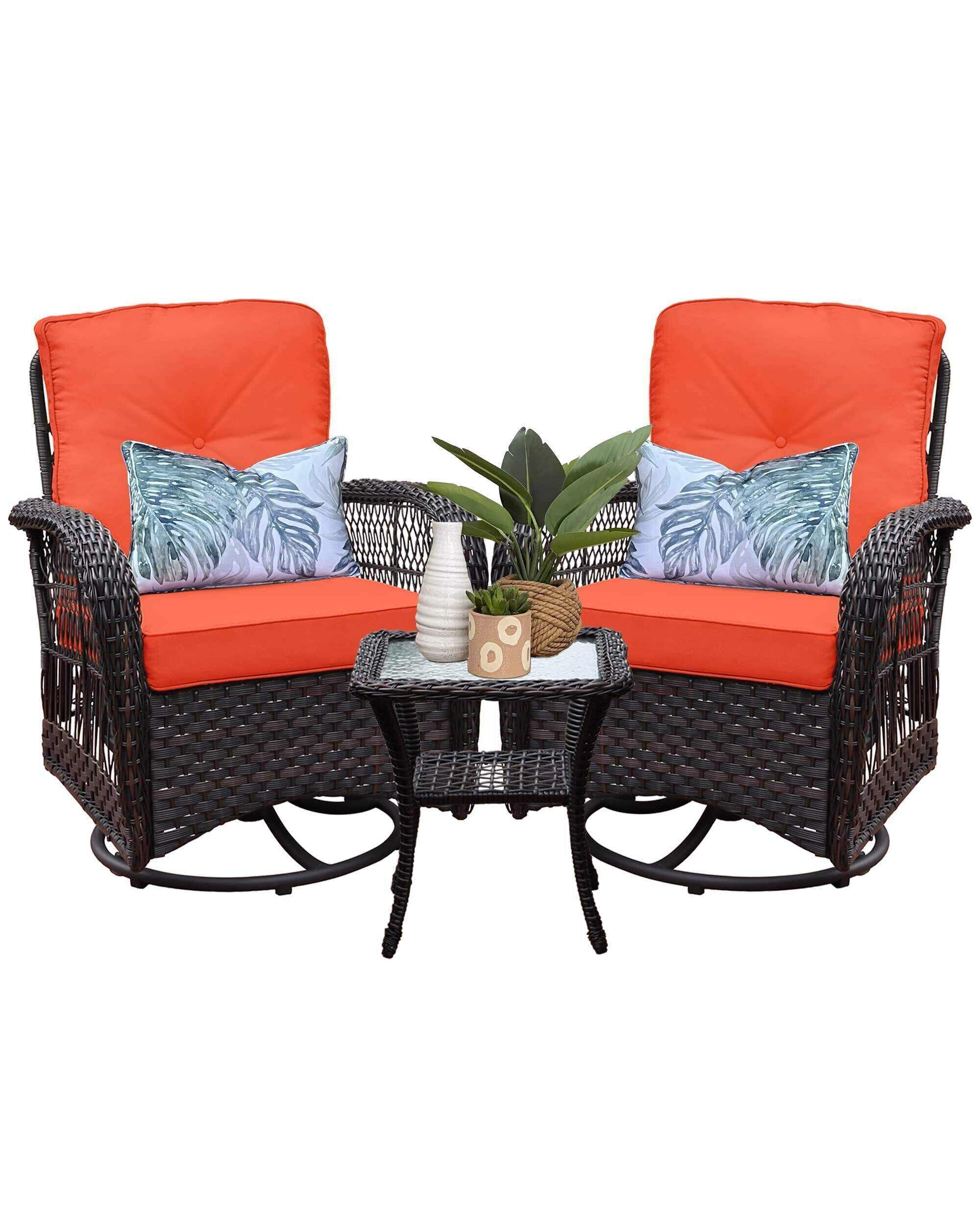 Swivel Rocker Patio Chairs Set of 2 and Matching Side Table - 3 Piece Wicker Patio Bistro Set with Premium Fabric Cushions Furniture (Dark Wicker Chair Beige Cushion)
