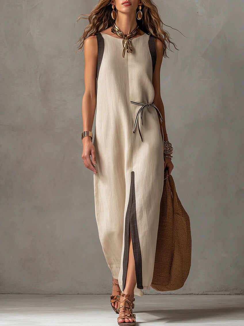 Bohemian Style Linen Contrast Color Sleeveless Lace-Up Long Dress
