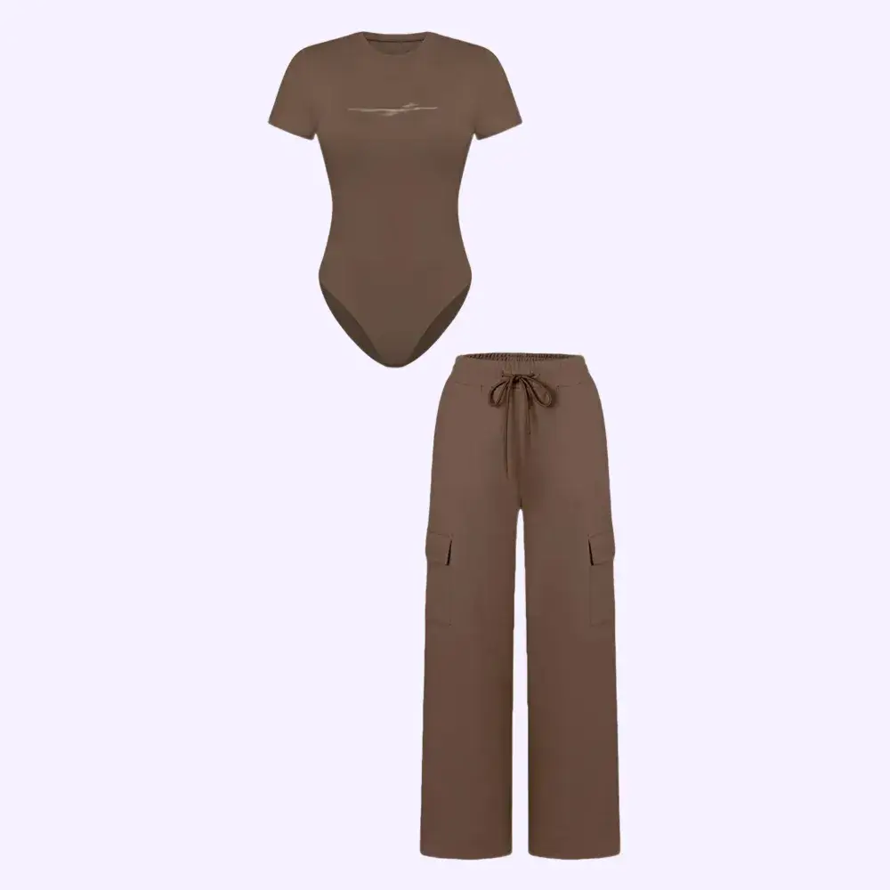 🔥Spring Fresh Sale 🎁Women's Knit Letter Print Two-Piece Set, Casual Fitted Short Sleeve Round Neck Jumpsuit & Drawstring Long Pants