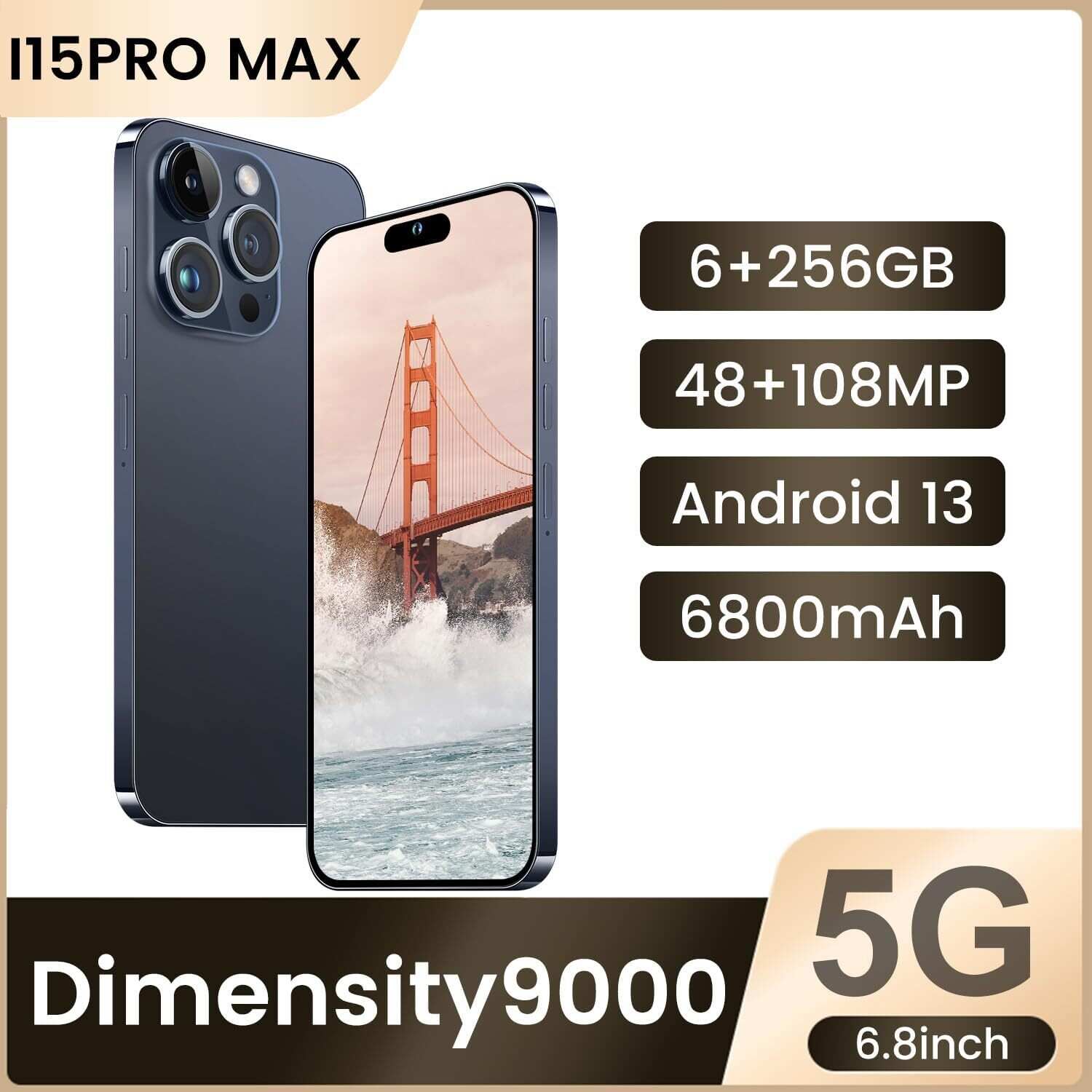 I15 Pro MAX Smartphone Unlocked Cell Phone,Battery 6800mAh 6.8 HD Screen Unlocked Phone,6+256GB Android 13 with 128GB Memory Card,Dual SIM/5G/Fingerprint Lock/Face ID (Blue Titanium, 6+256)