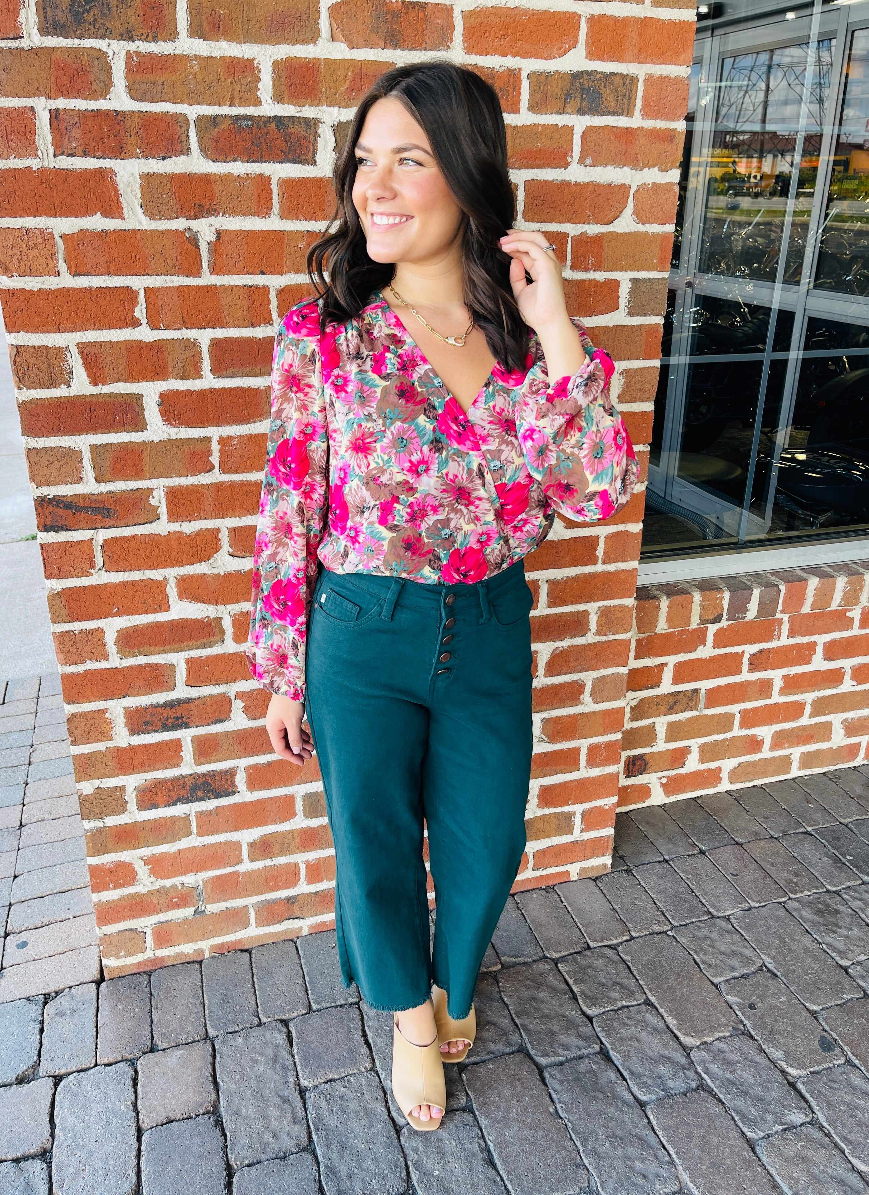 Plus/Reg Bright As A Button Fly Wide Leg Teal Jeans