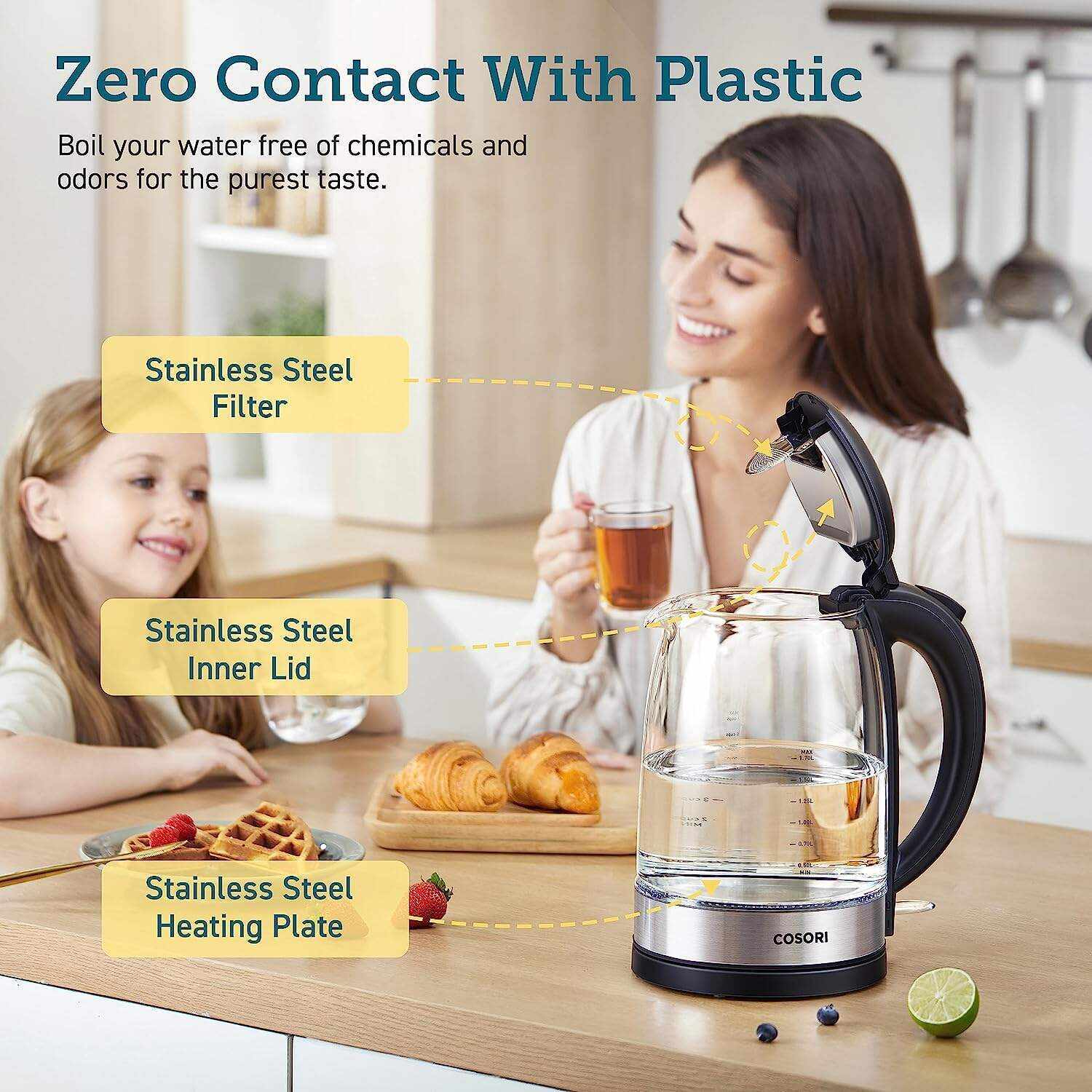 Electric Kettle with Stainless Steel Filter and Inner Lid, 1500W Wide Opening 1.7L Glass Tea Kettle & Hot Water Boiler, LED Indicator Auto Shut-Off & Boil-Dry Protection, BPA Free, Matte Black