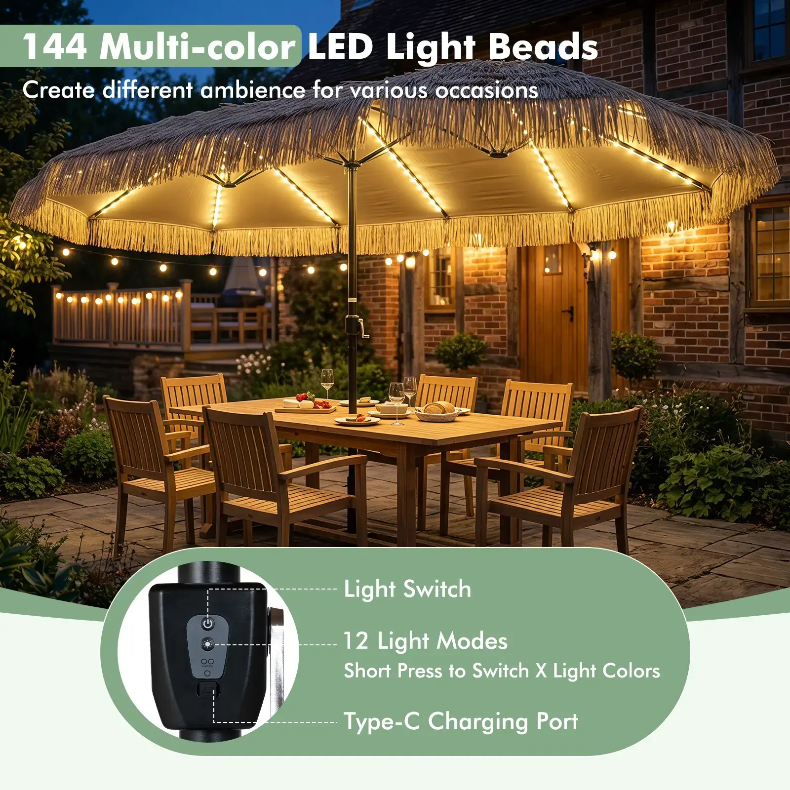 15 FT Solar Tiki Patio Umbrella with Base Included, Double-sided Hawaiian Style Thatched Market Table Umbrella with144 Multi-colored Flowing LED Lights, 12 Modes, Crank Handle, 12 Ribs, PE Grass Outdoor Umbrell for Pool Deck Garden Backyard
