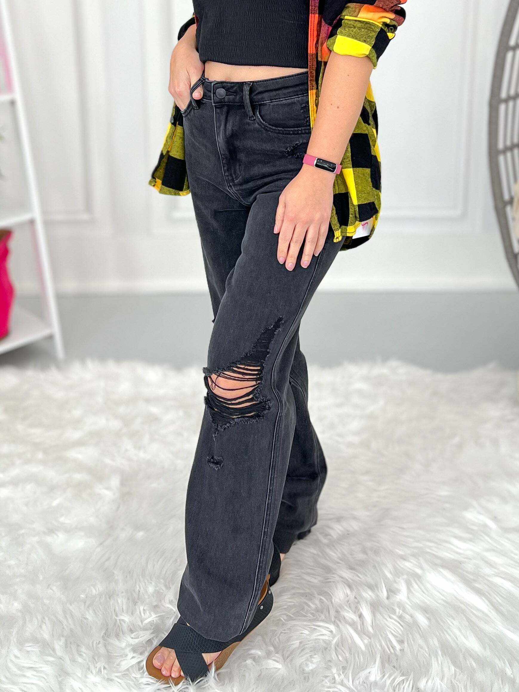 Christmas Rigid Magic 90's Knee Destroy Straight Jeans - Black- Final Sale