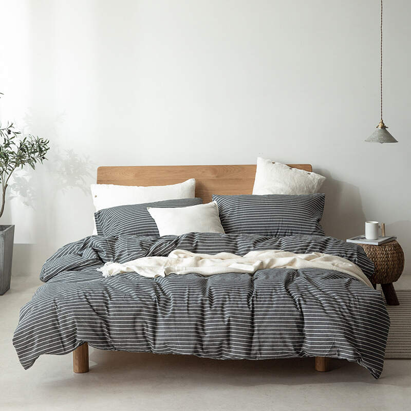 Washed Cotton Bed Sheet Set - Grey lines