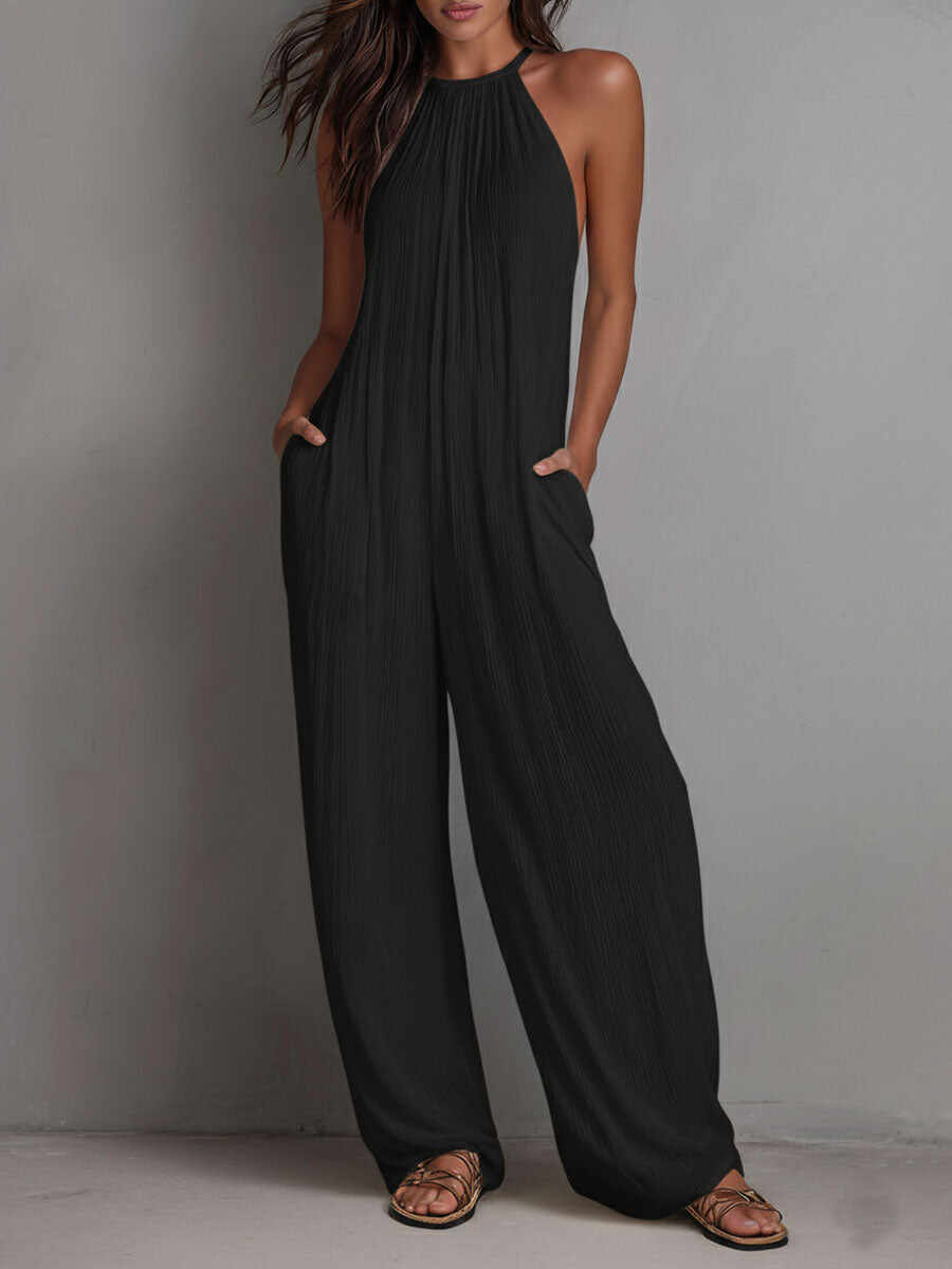 Resort White Pleated Halter Wide-Leg One-Piece Jumpsuit