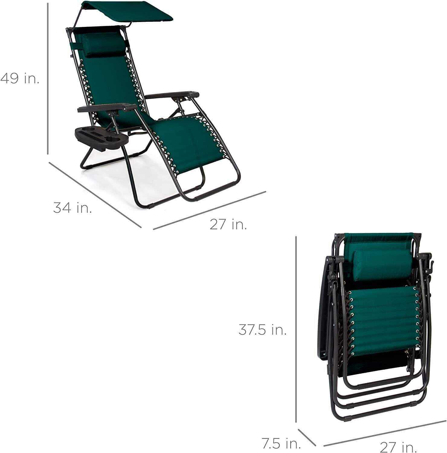 Folding Zero Gravity Recliner Patio Lounge Chair w/Adjustable Canopy Shade, Headrest, Side Accessory Tray, Textilene Mesh - Beige