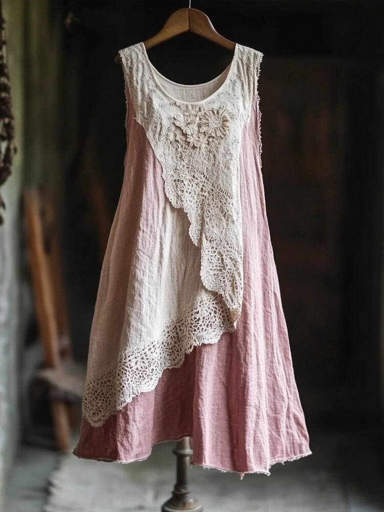 Vintage Lace Patchwork Cozy Linen Tank Dress